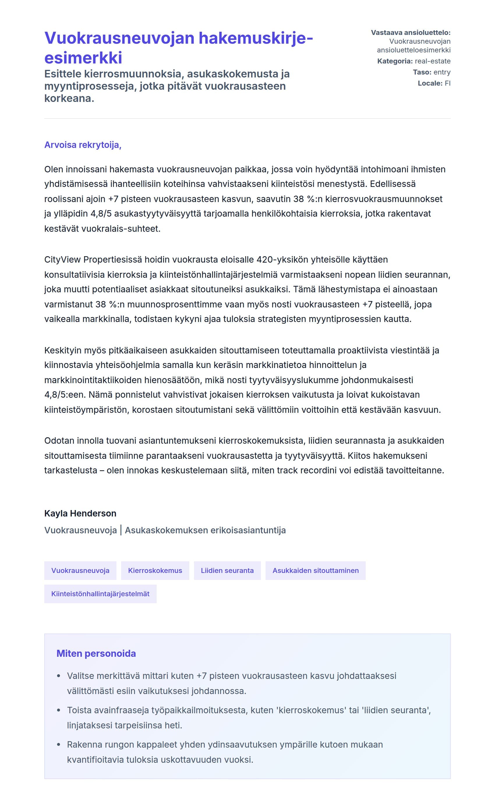 Työhakemuskirjeen esikatselu kohteelle Vuokrausneuvojan hakemuskirje-esimerkki