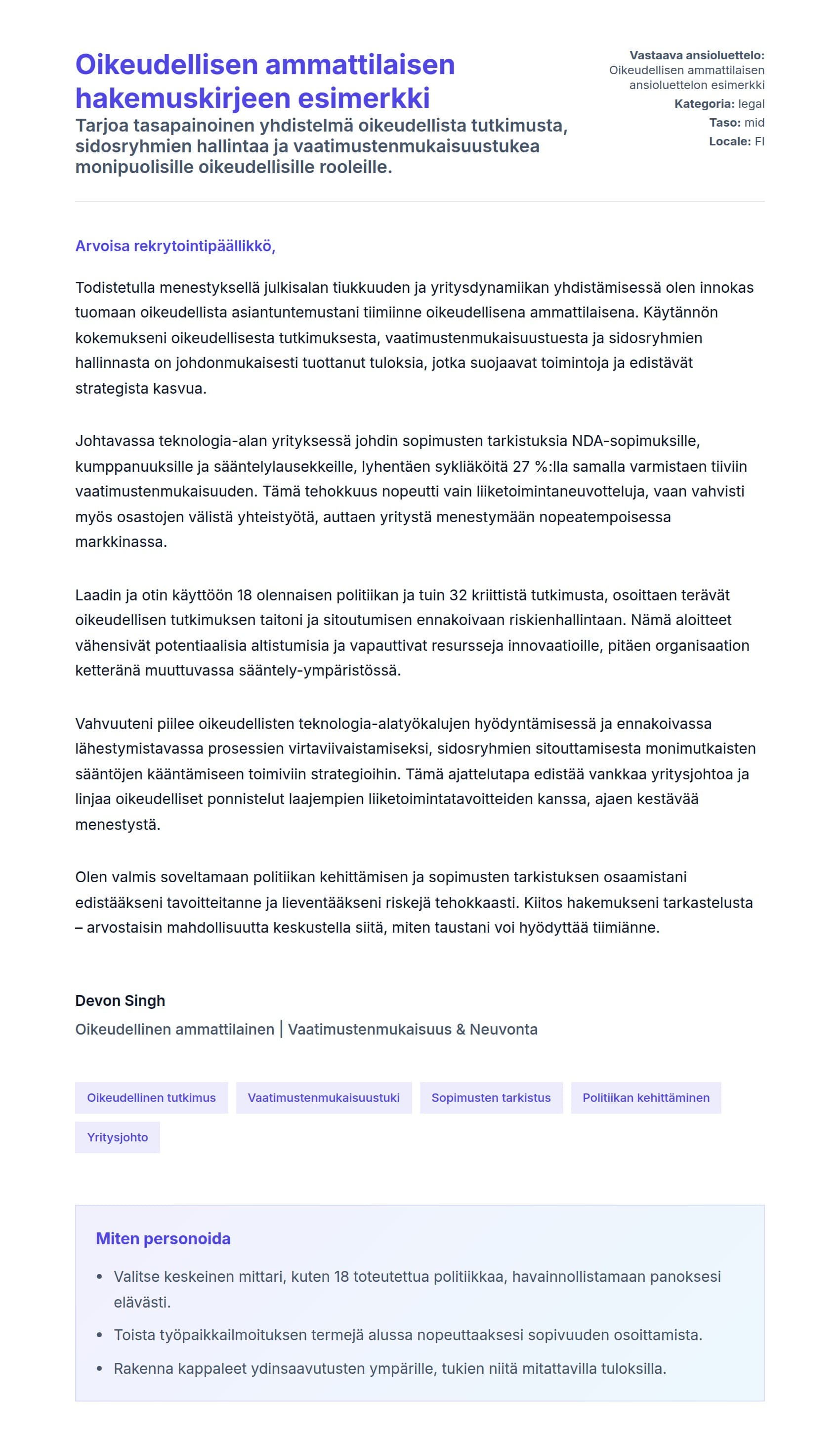 Työhakemuskirjeen esikatselu kohteelle Oikeudellisen ammattilaisen hakemuskirjeen esimerkki