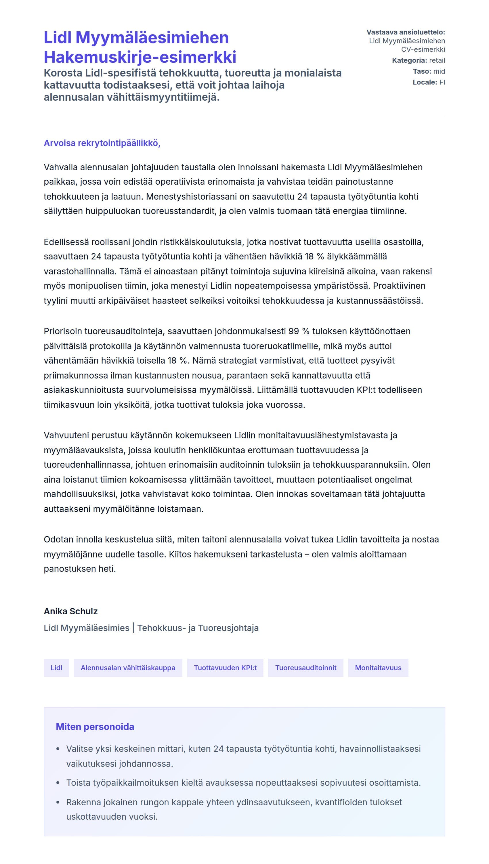 Työhakemuskirjeen esikatselu kohteelle Lidl Myymäläesimiehen Hakemuskirje-esimerkki