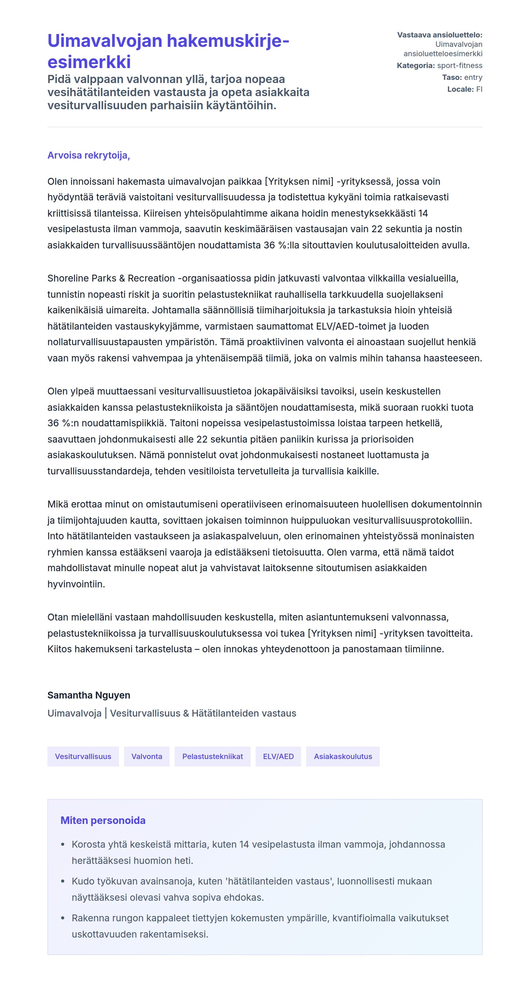 Työhakemuskirjeen esikatselu kohteelle Uimavalvojan hakemuskirje-esimerkki