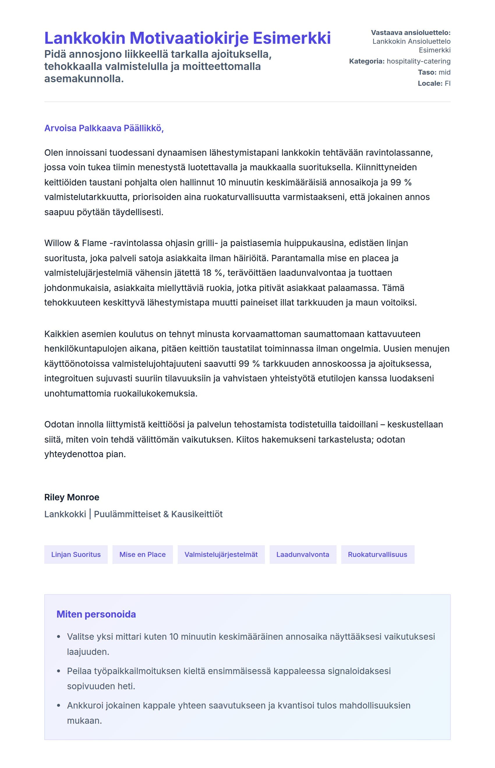 Työhakemuskirjeen esikatselu kohteelle Lankkokin Motivaatiokirje Esimerkki