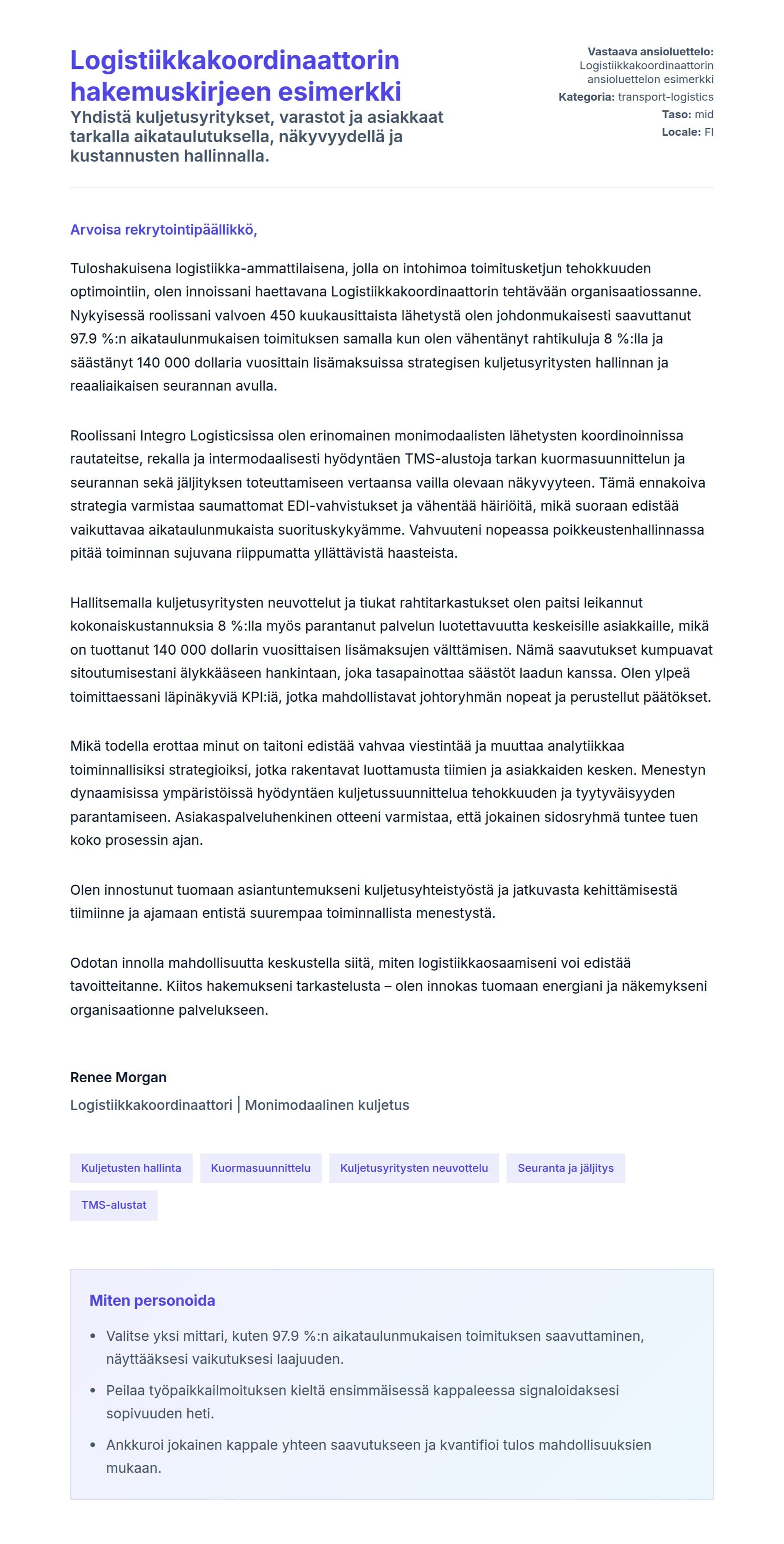 Työhakemuskirjeen esikatselu kohteelle Logistiikkakoordinaattorin hakemuskirjeen esimerkki
