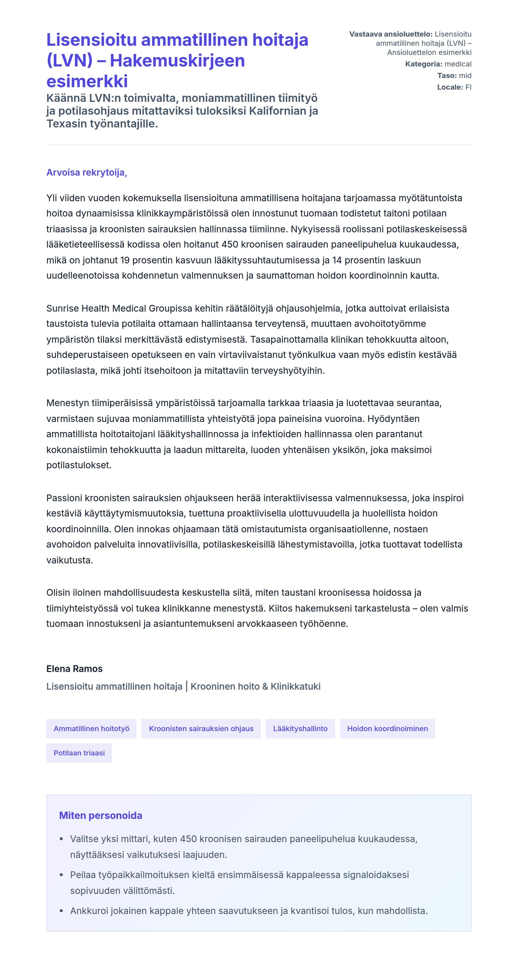 Työhakemuskirjeen esikatselu kohteelle Lisensioitu ammatillinen hoitaja (LVN) – Hakemuskirjeen esimerkki