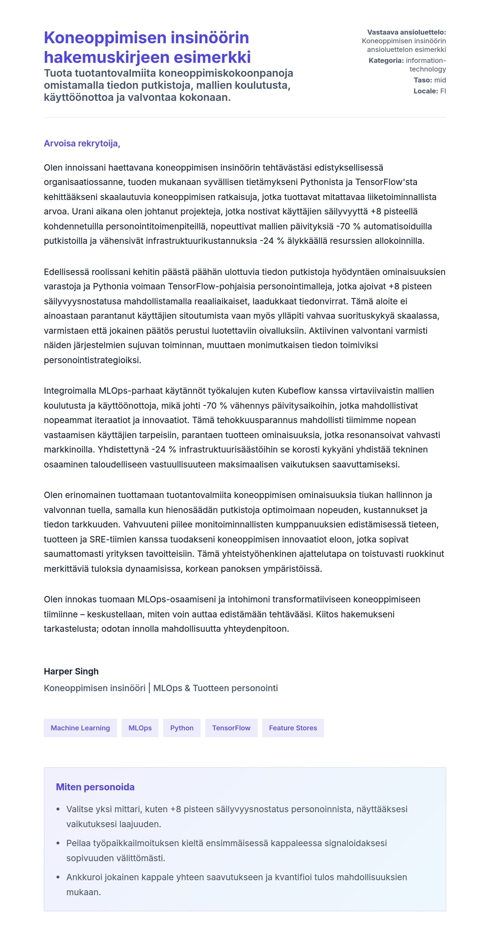 Työhakemuskirjeen esikatselu kohteelle Koneoppimisen insinöörin hakemuskirjeen esimerkki