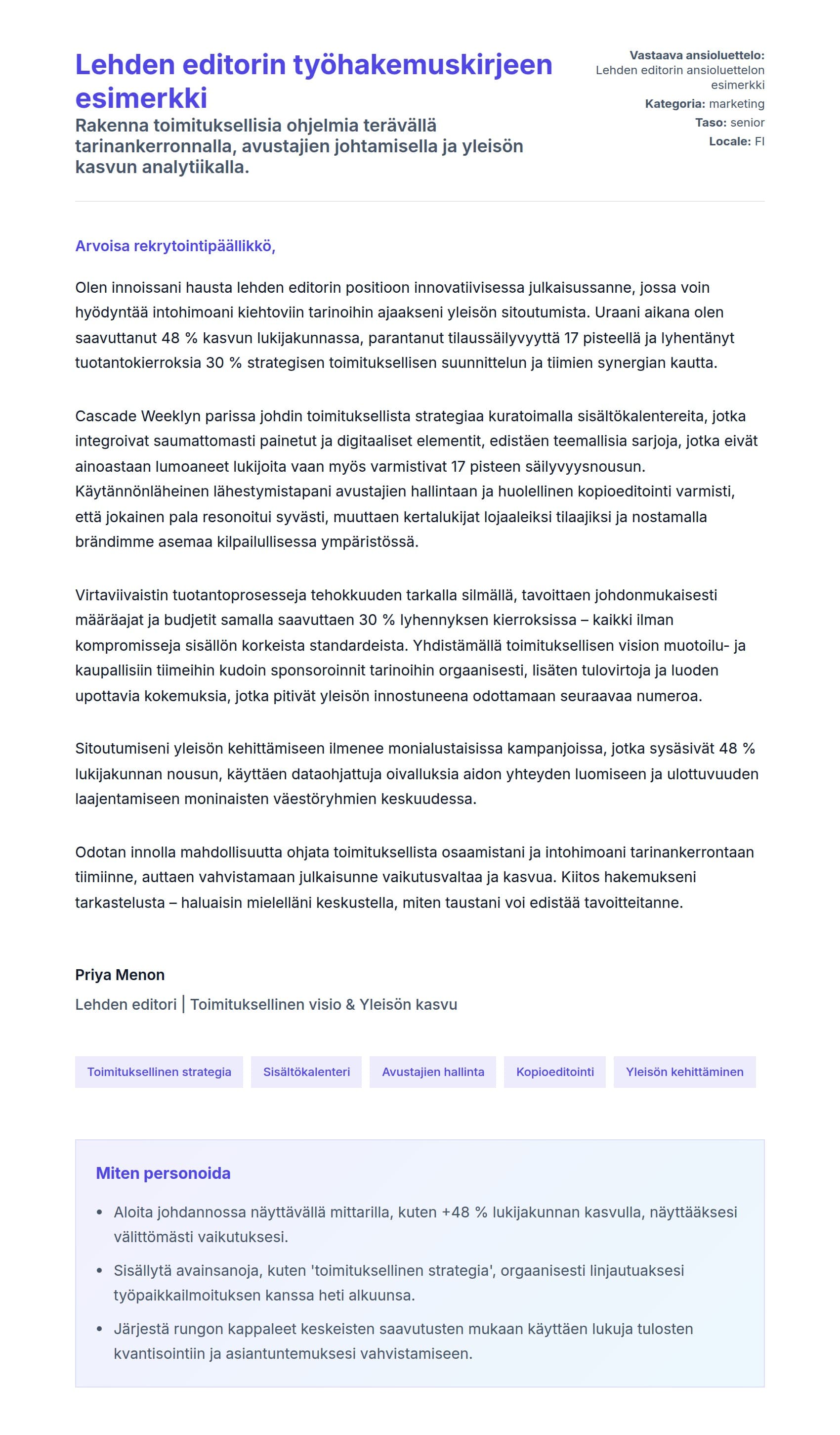 Työhakemuskirjeen esikatselu kohteelle Lehden editorin työhakemuskirjeen esimerkki