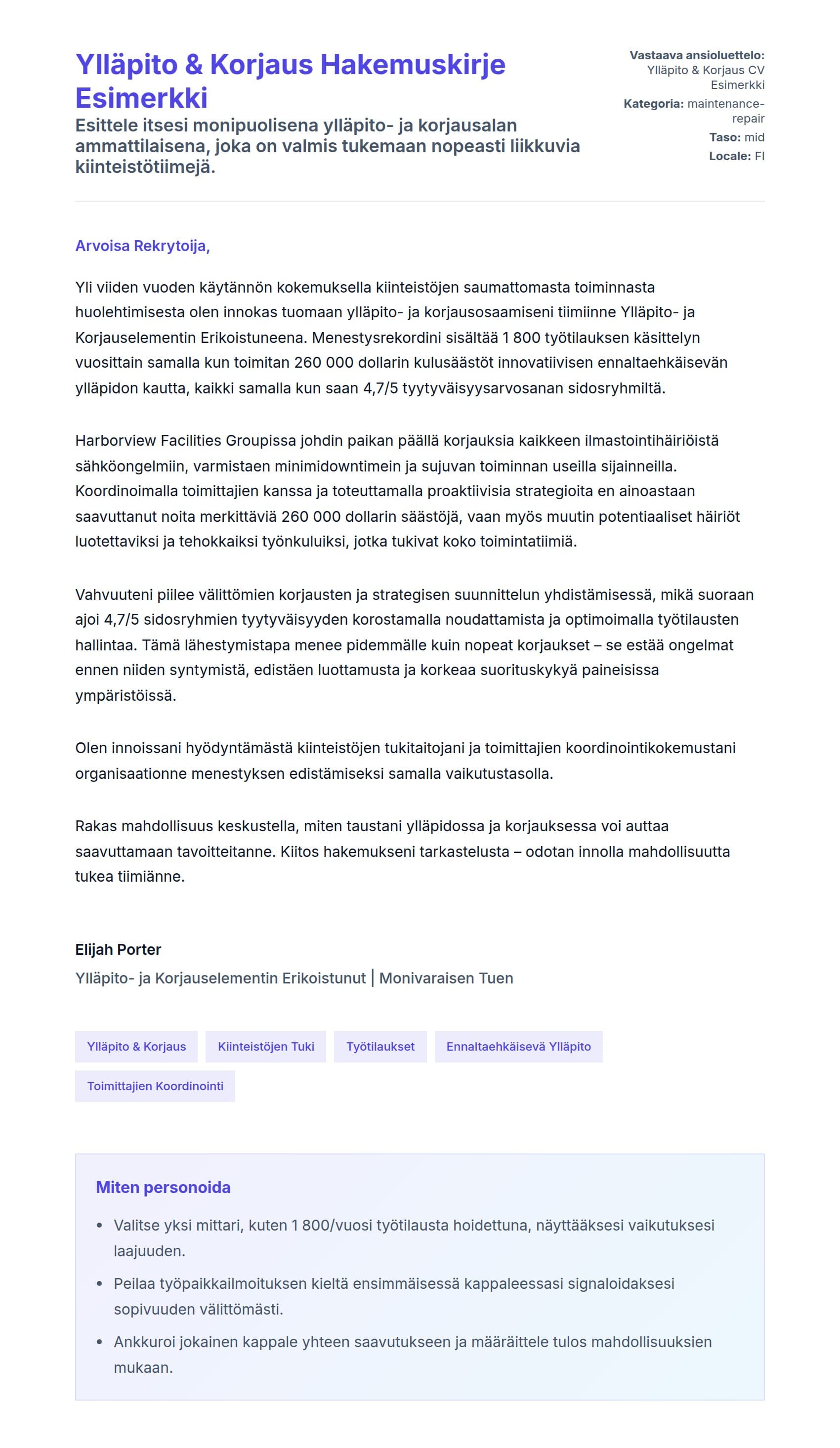 Työhakemuskirjeen esikatselu kohteelle Ylläpito & Korjaus Hakemuskirje Esimerkki