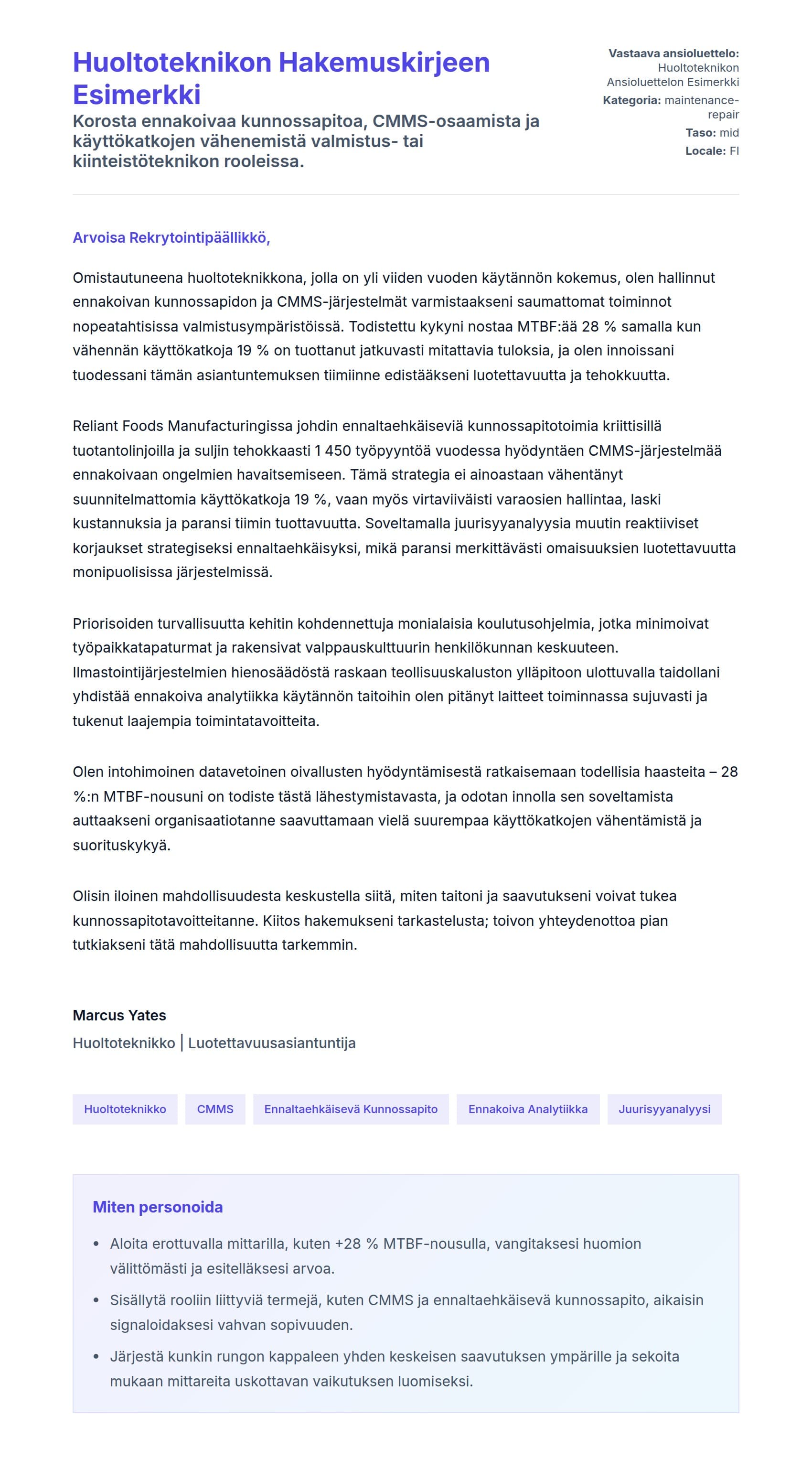 Työhakemuskirjeen esikatselu kohteelle Huoltoteknikon Hakemuskirjeen Esimerkki