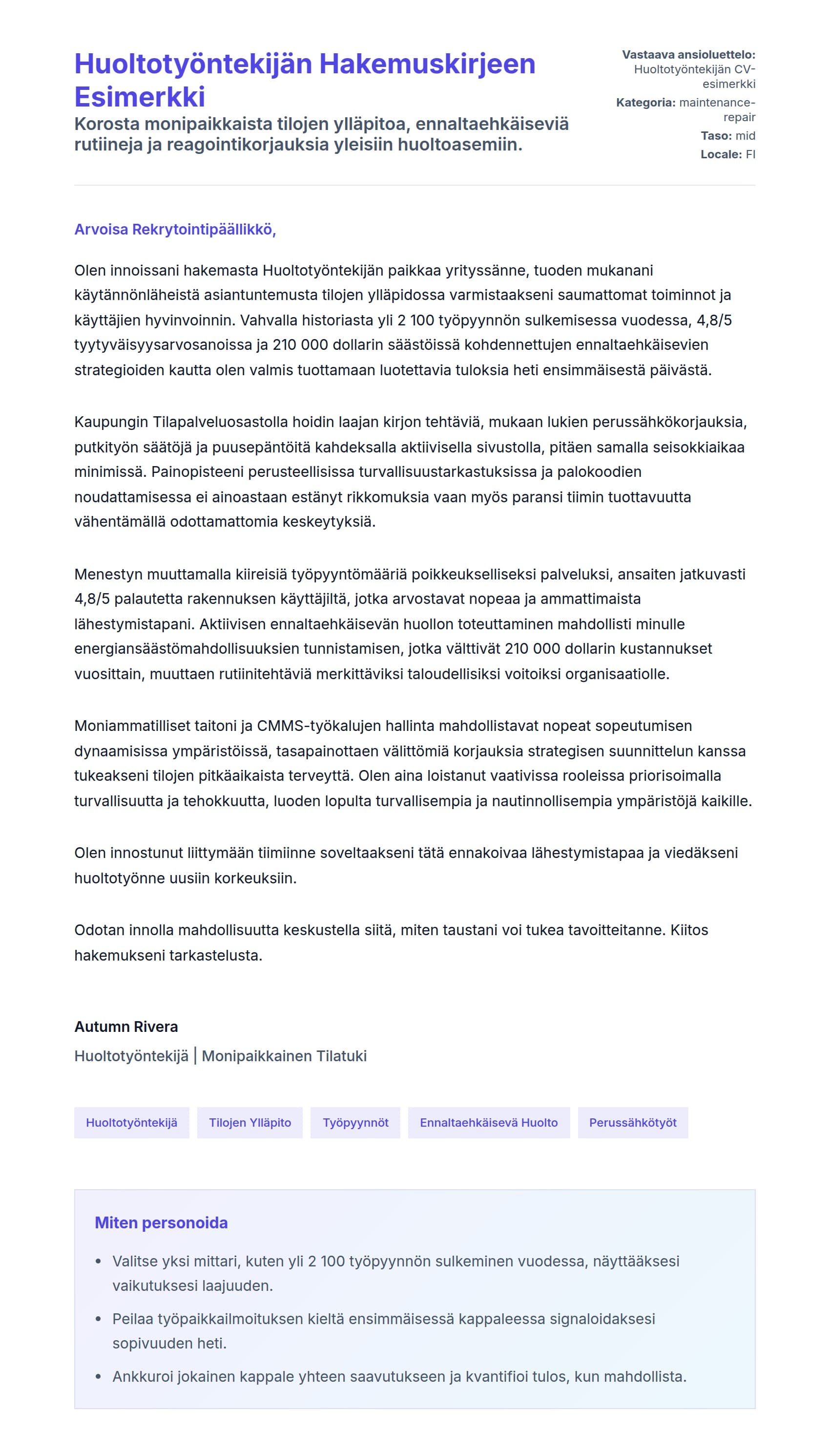 Työhakemuskirjeen esikatselu kohteelle Huoltotyöntekijän Hakemuskirjeen Esimerkki