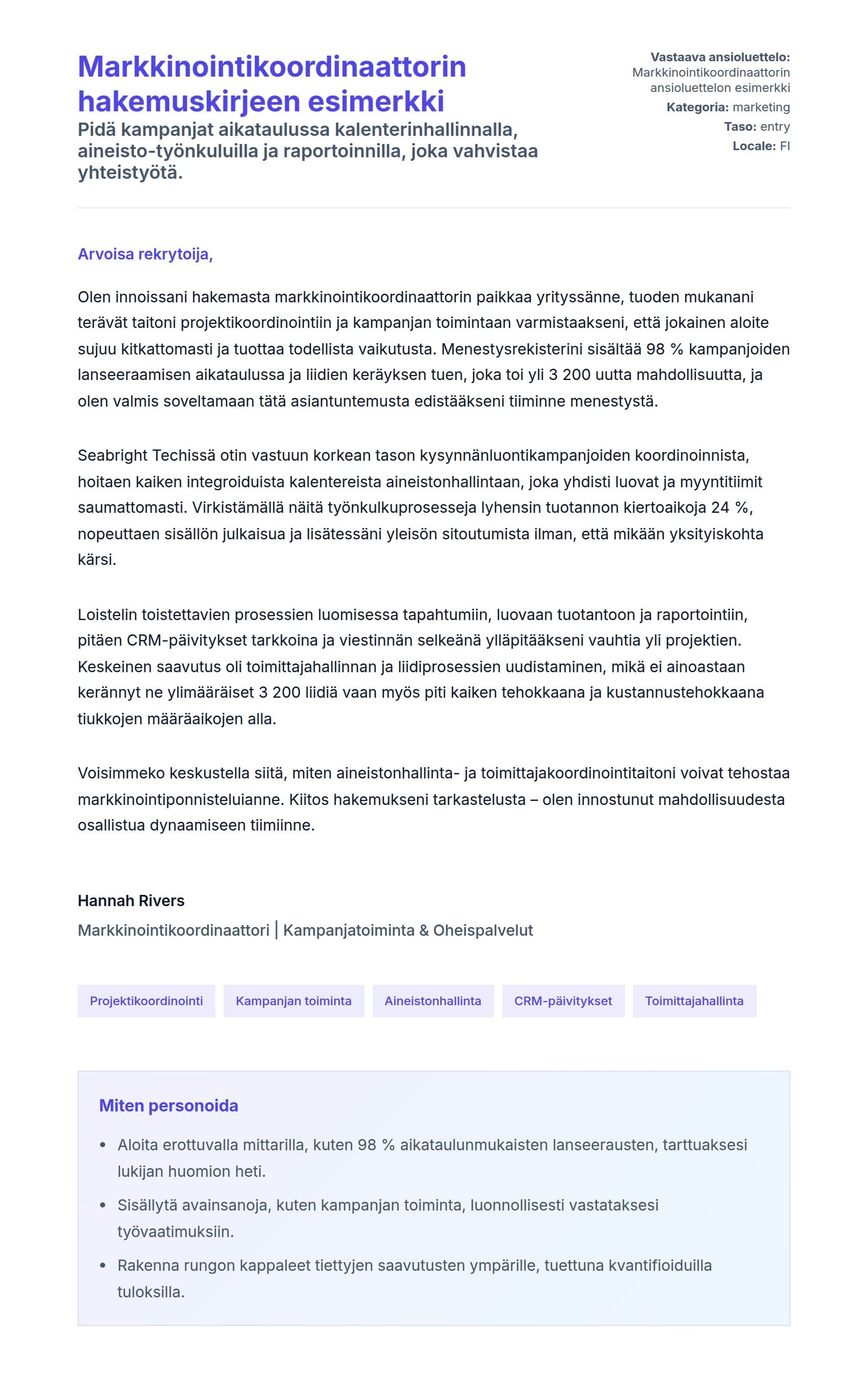 Työhakemuskirjeen esikatselu kohteelle Markkinointikoordinaattorin hakemuskirjeen esimerkki