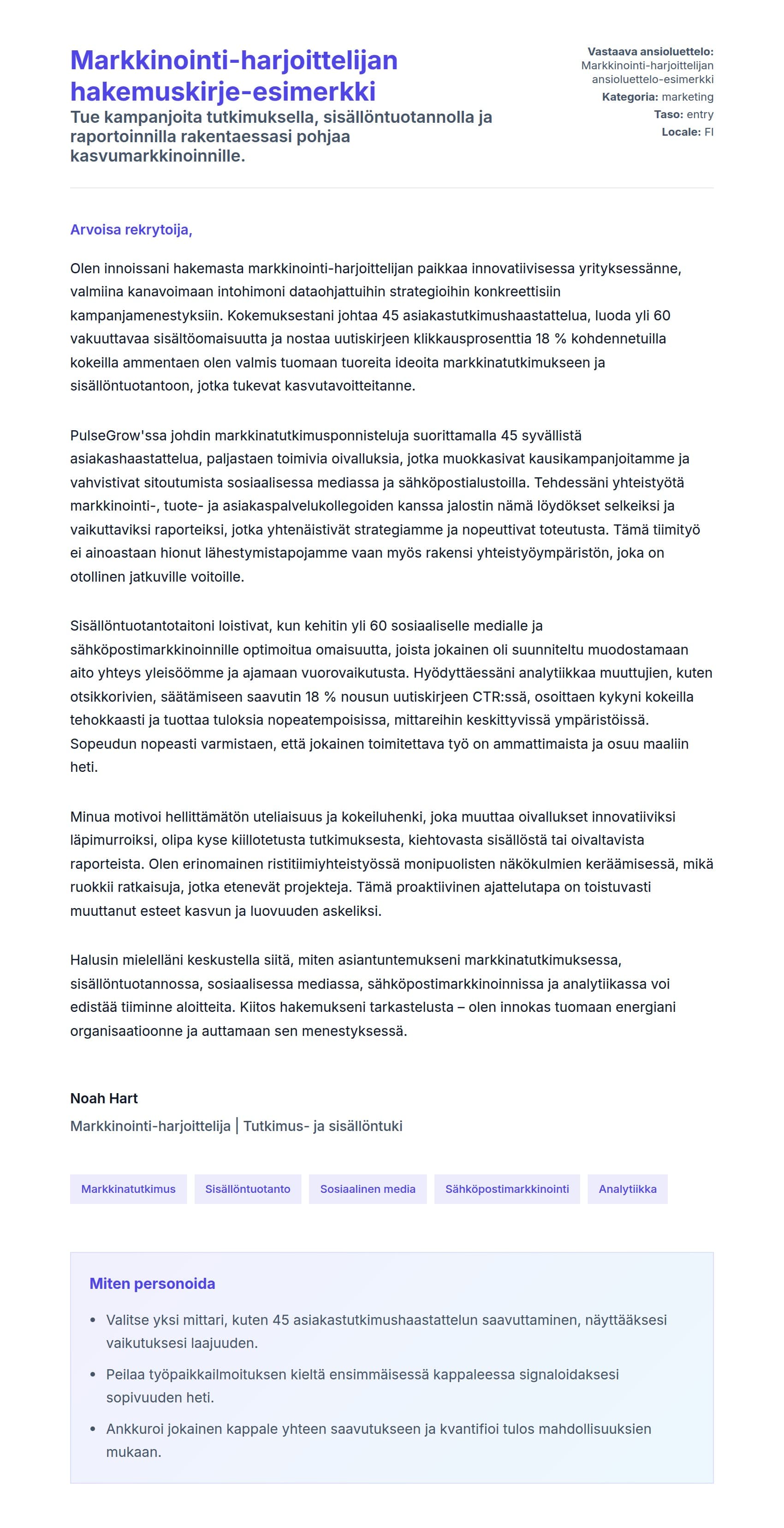 Työhakemuskirjeen esikatselu kohteelle Markkinointi-harjoittelijan hakemuskirje-esimerkki