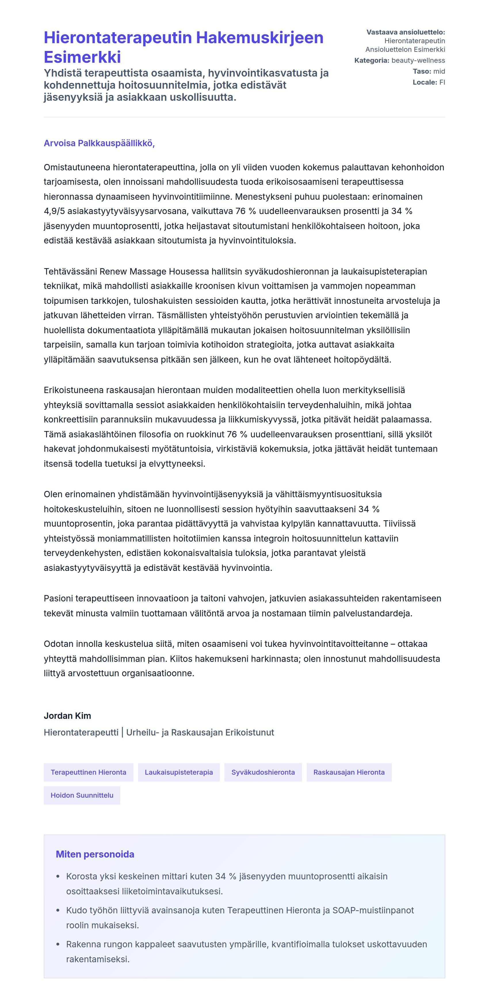 Työhakemuskirjeen esikatselu kohteelle Hierontaterapeutin Hakemuskirjeen Esimerkki