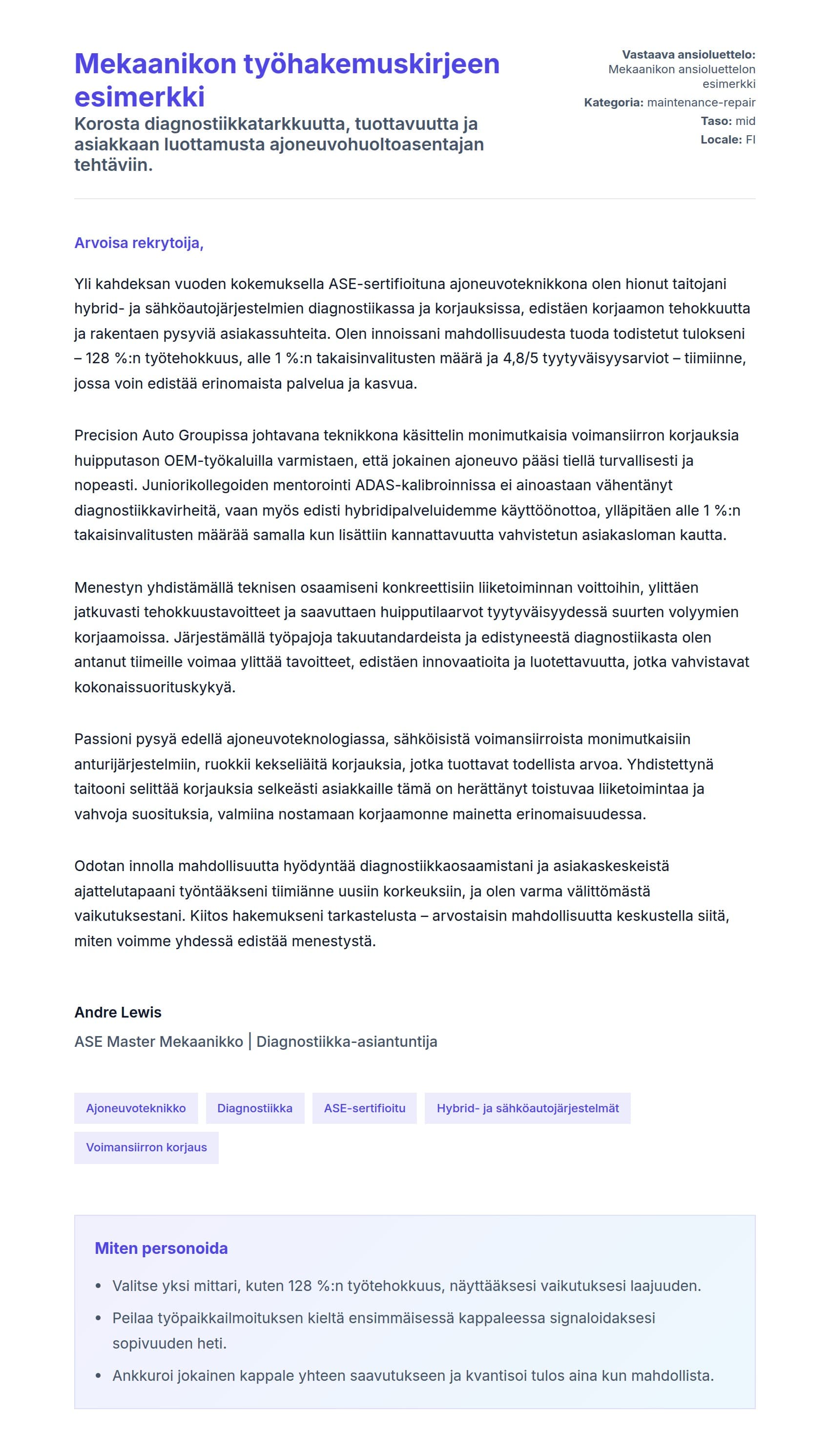 Työhakemuskirjeen esikatselu kohteelle Mekaanikon työhakemuskirjeen esimerkki
