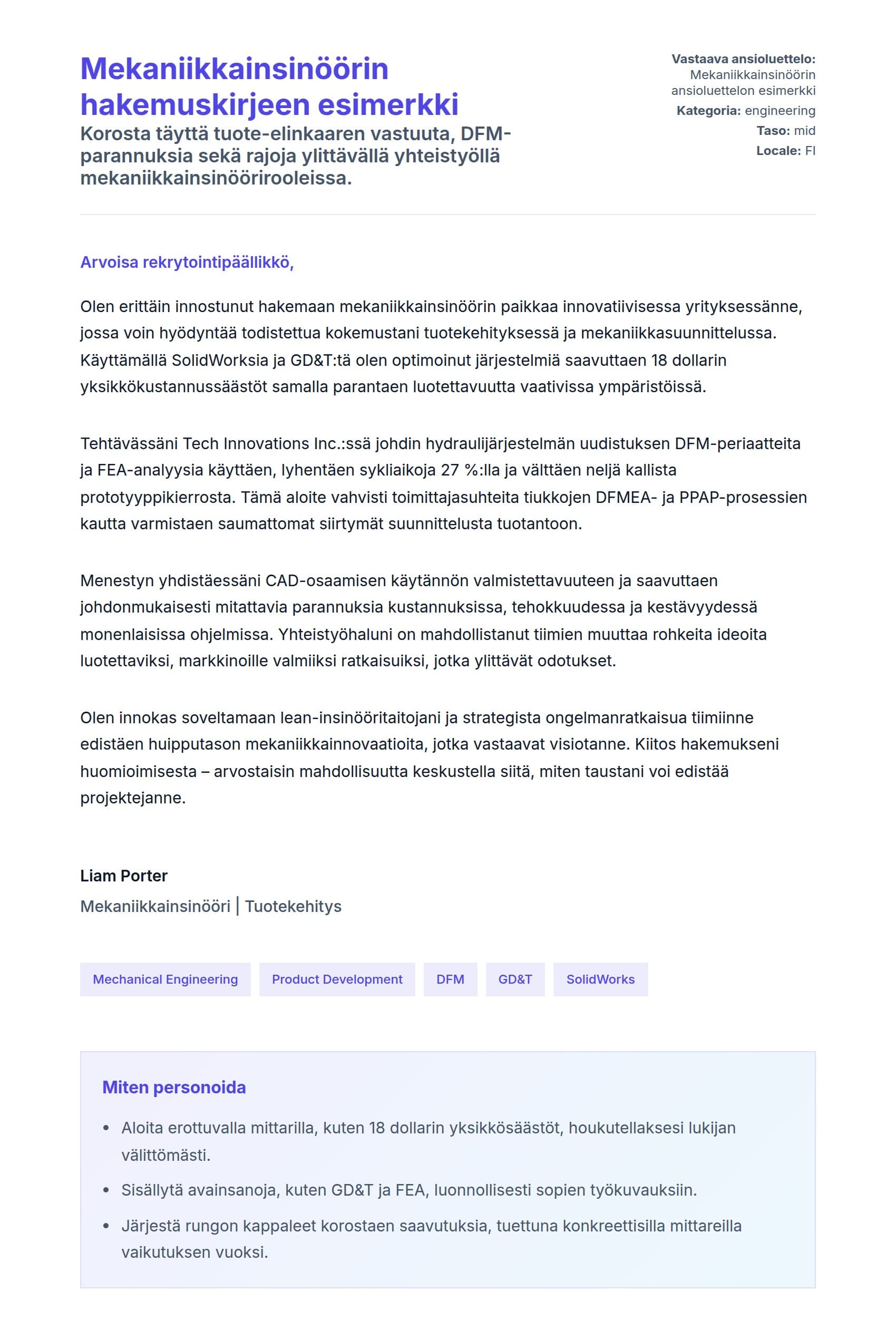 Työhakemuskirjeen esikatselu kohteelle Mekaniikkainsinöörin hakemuskirjeen esimerkki
