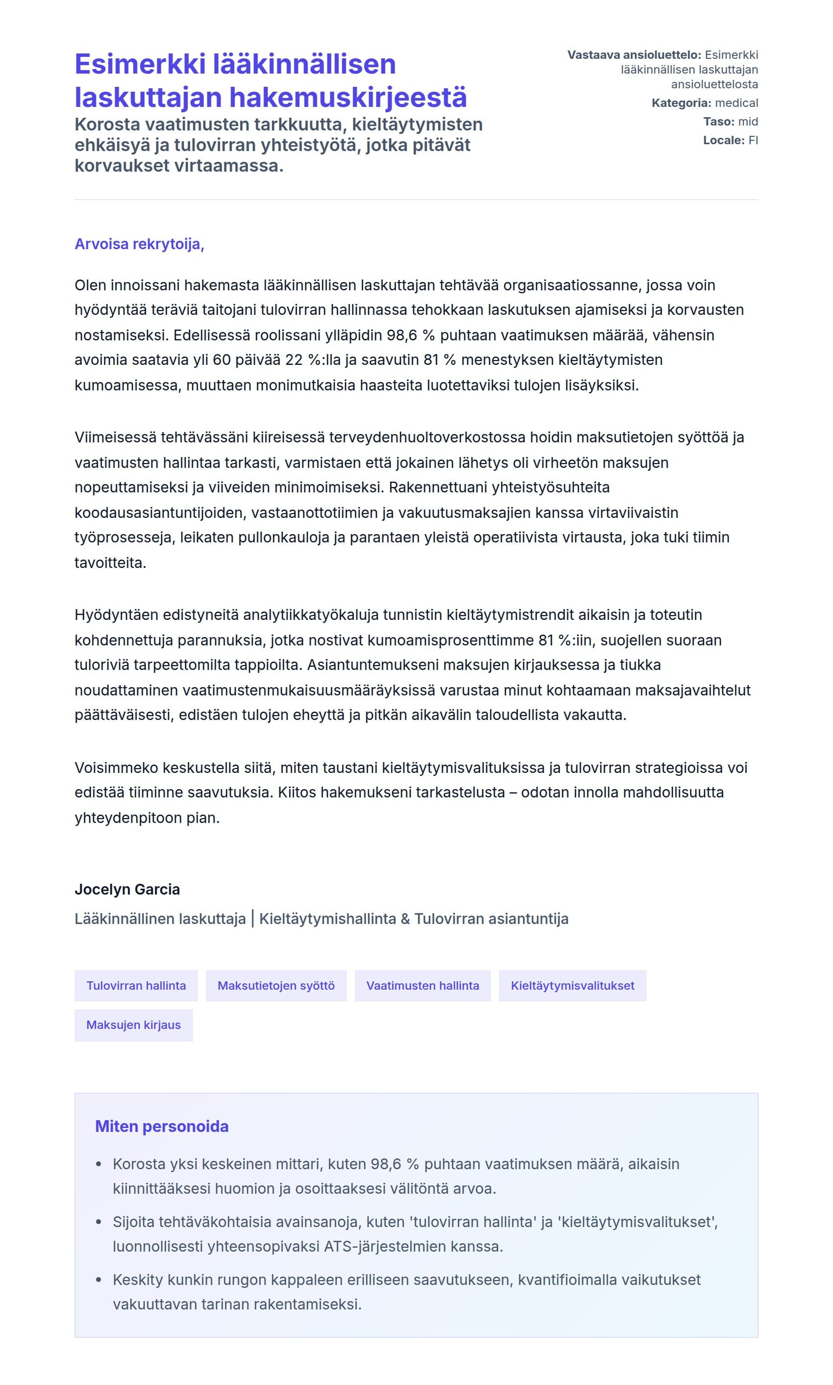 Työhakemuskirjeen esikatselu kohteelle Esimerkki lääkinnällisen laskuttajan hakemuskirjeestä