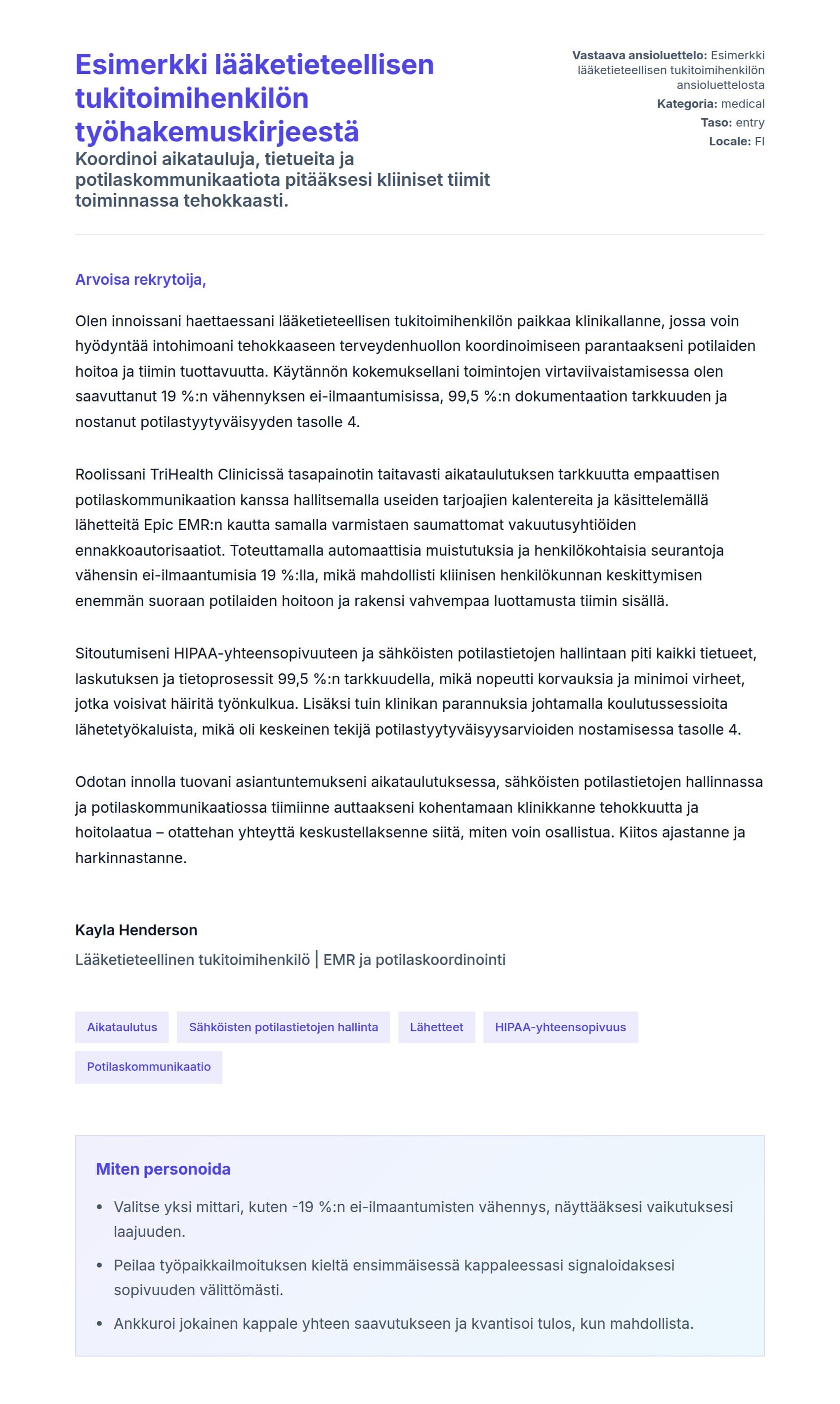 Työhakemuskirjeen esikatselu kohteelle Esimerkki lääketieteellisen tukitoimihenkilön työhakemuskirjeestä