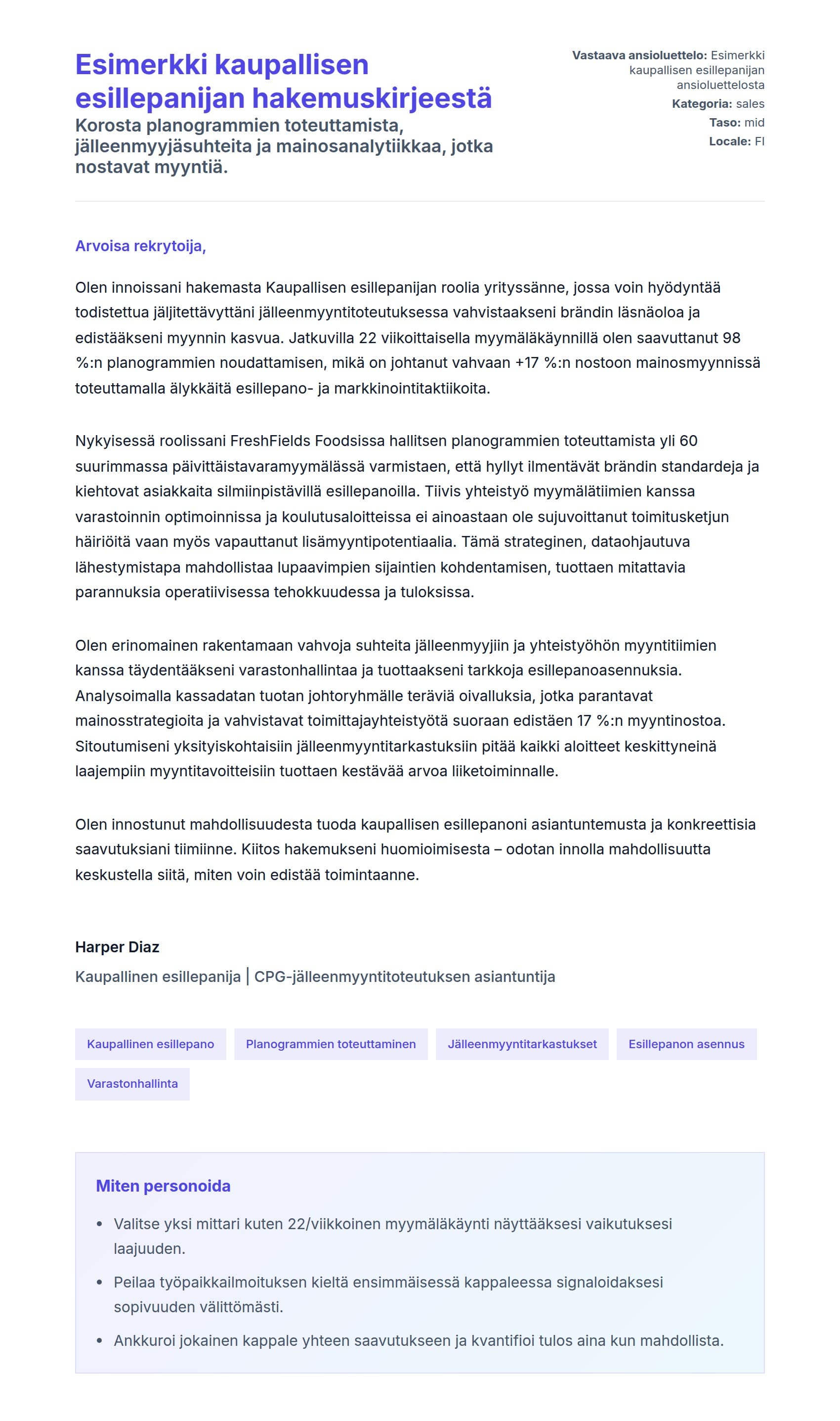 Työhakemuskirjeen esikatselu kohteelle Esimerkki kaupallisen esillepanijan hakemuskirjeestä