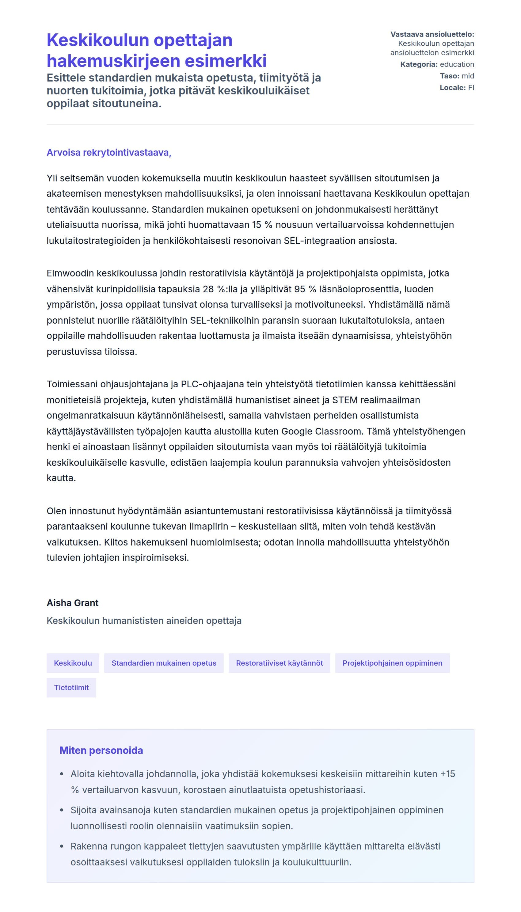Työhakemuskirjeen esikatselu kohteelle Keskikoulun opettajan hakemuskirjeen esimerkki