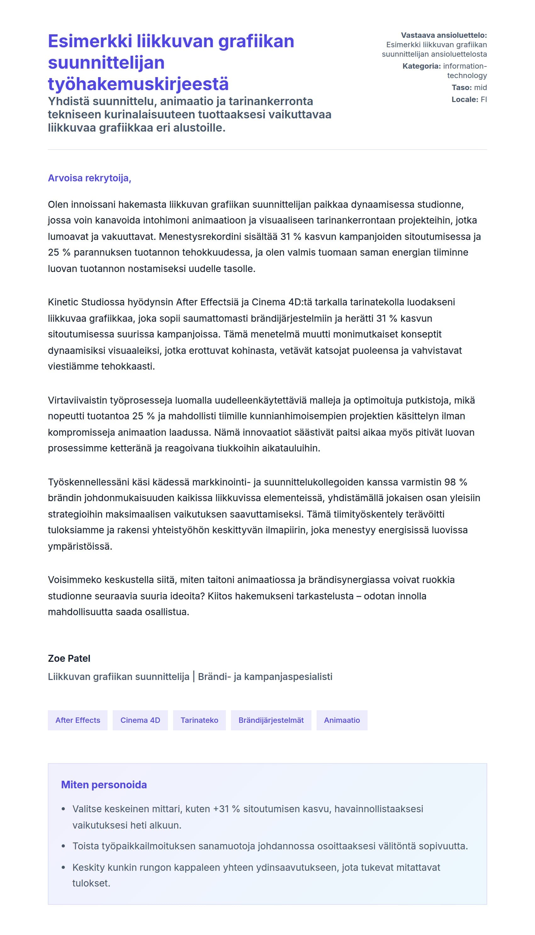 Työhakemuskirjeen esikatselu kohteelle Esimerkki liikkuvan grafiikan suunnittelijan työhakemuskirjeestä