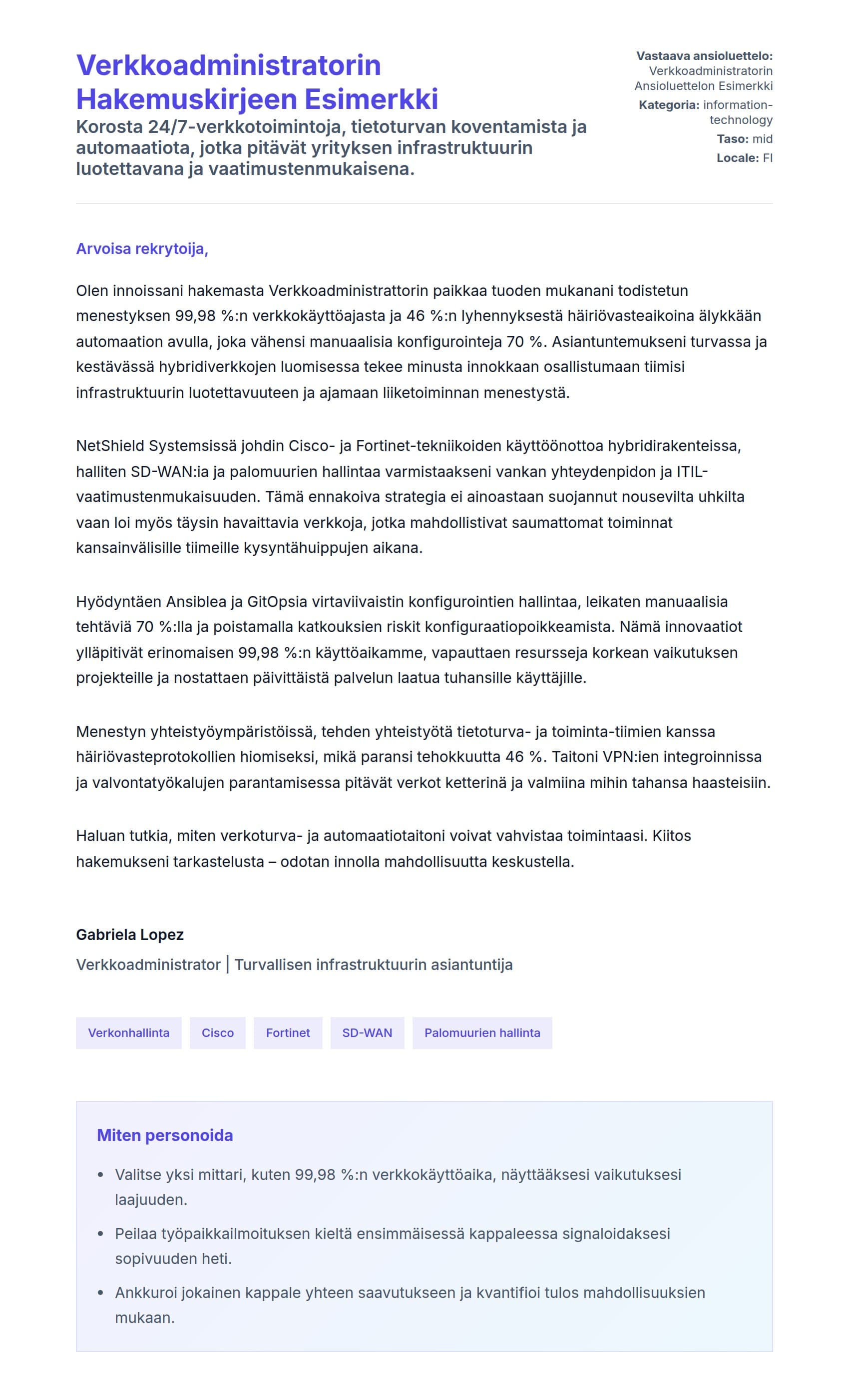 Työhakemuskirjeen esikatselu kohteelle Verkkoadministratorin Hakemuskirjeen Esimerkki