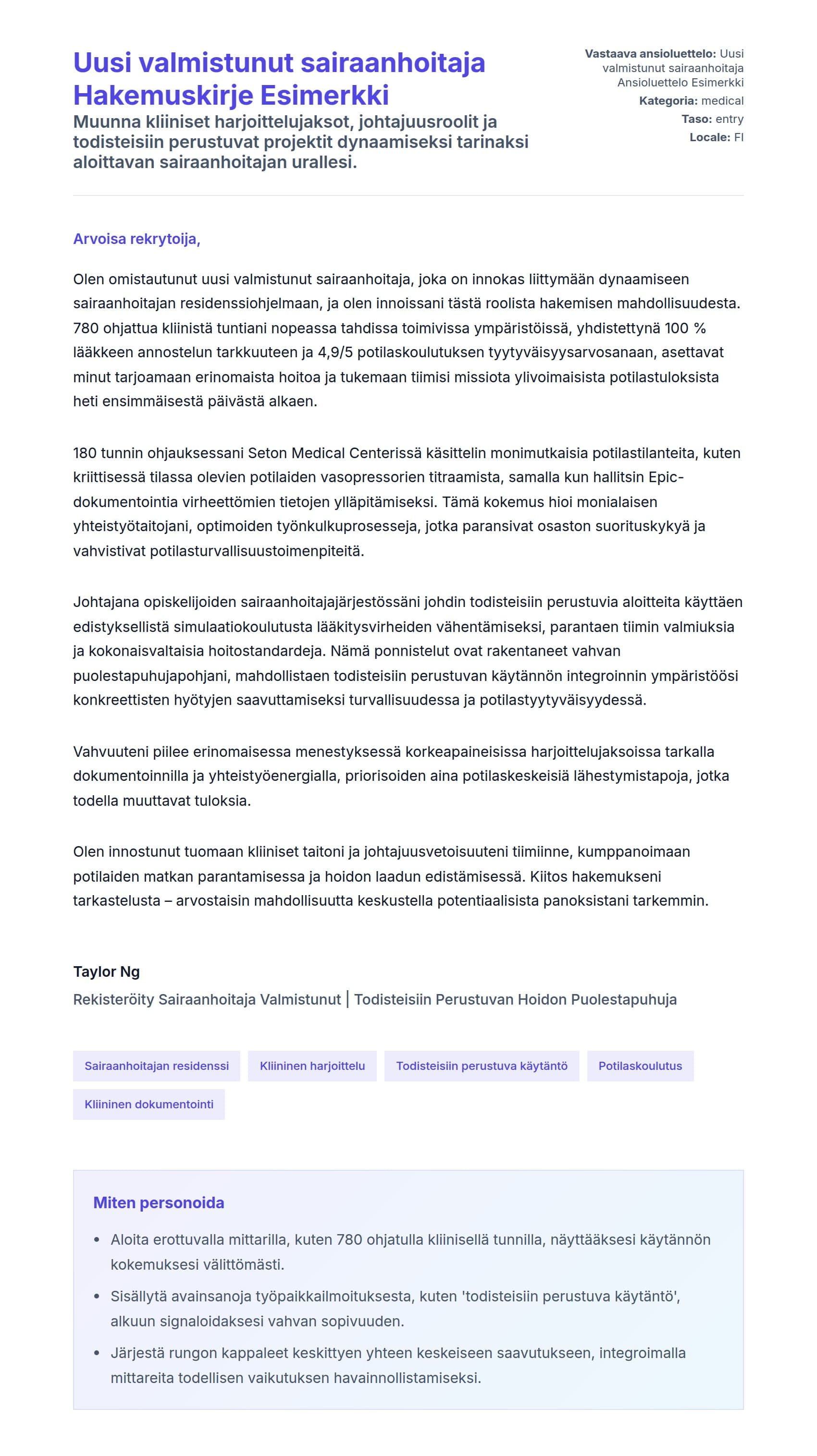 Työhakemuskirjeen esikatselu kohteelle Uusi valmistunut sairaanhoitaja Hakemuskirje Esimerkki