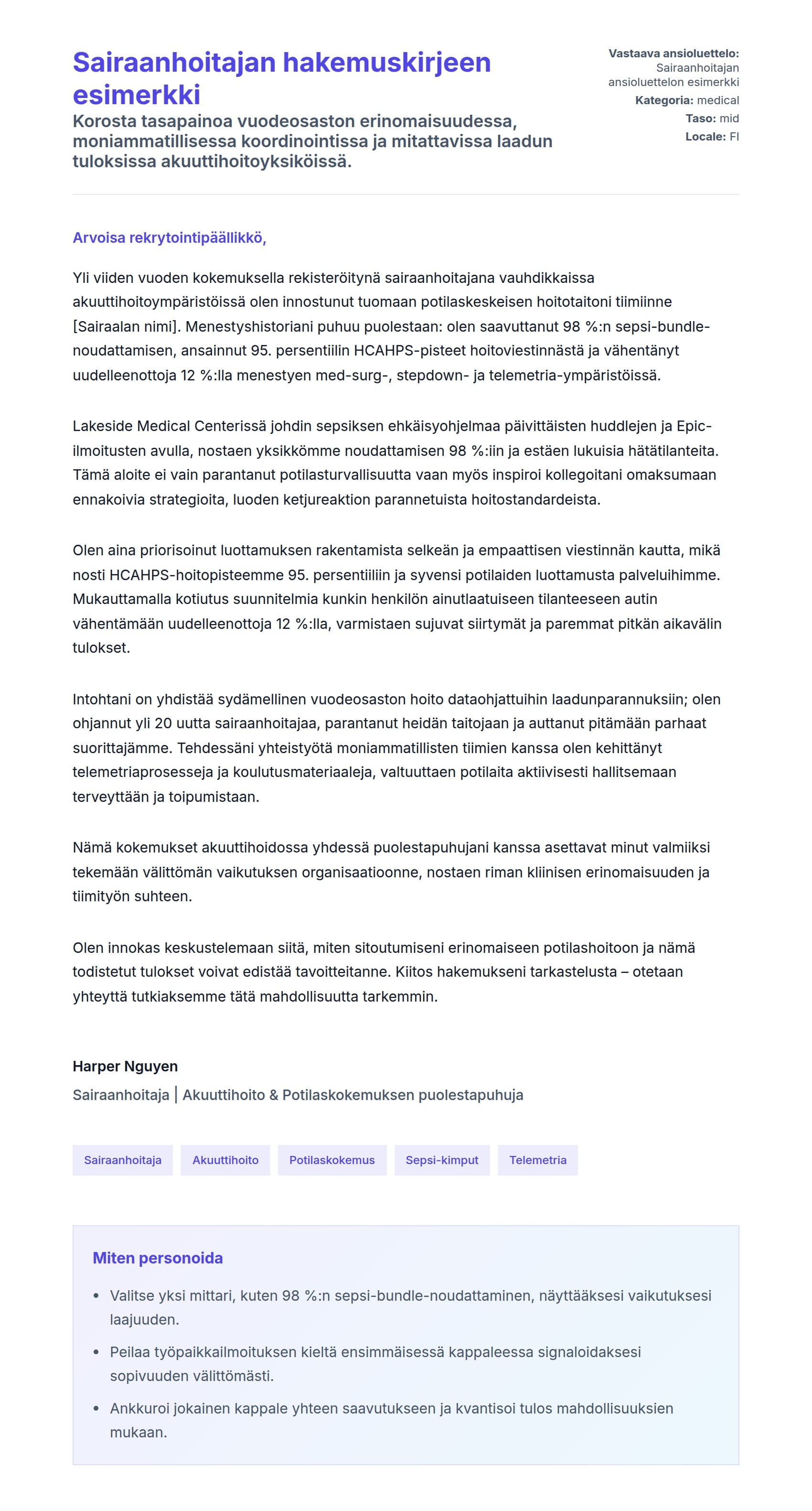 Työhakemuskirjeen esikatselu kohteelle Sairaanhoitajan hakemuskirjeen esimerkki