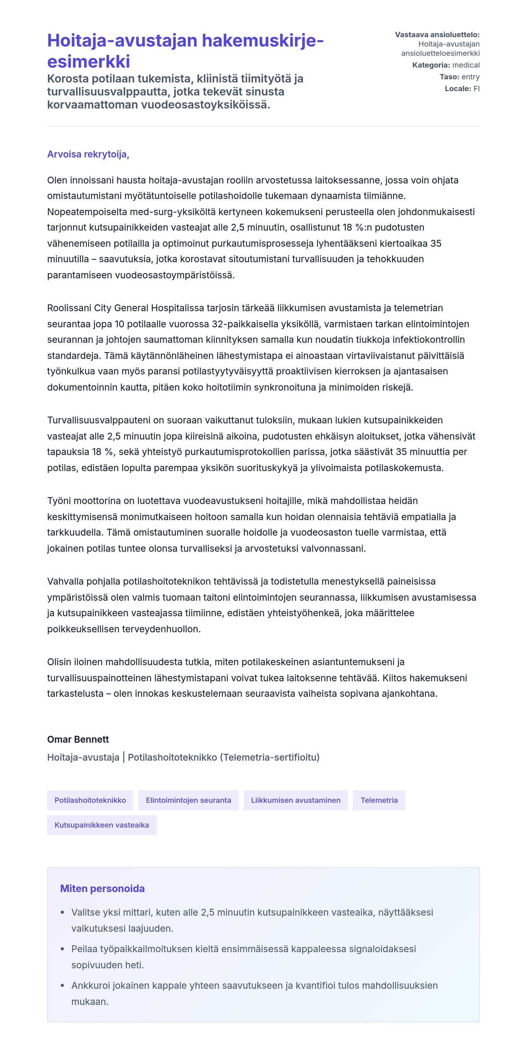 Työhakemuskirjeen esikatselu kohteelle Hoitaja-avustajan hakemuskirje-esimerkki