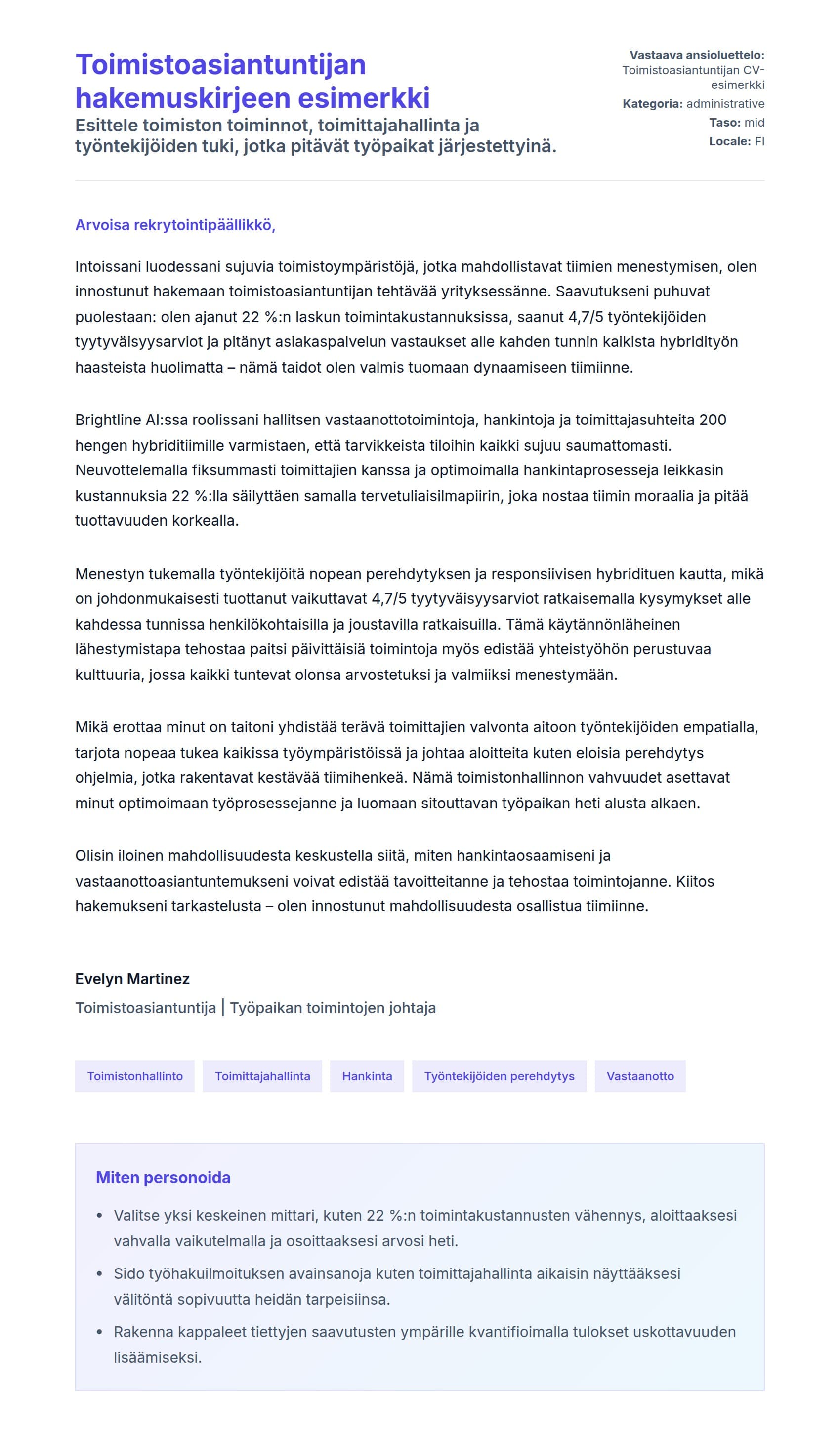 Työhakemuskirjeen esikatselu kohteelle Toimistoasiantuntijan hakemuskirjeen esimerkki