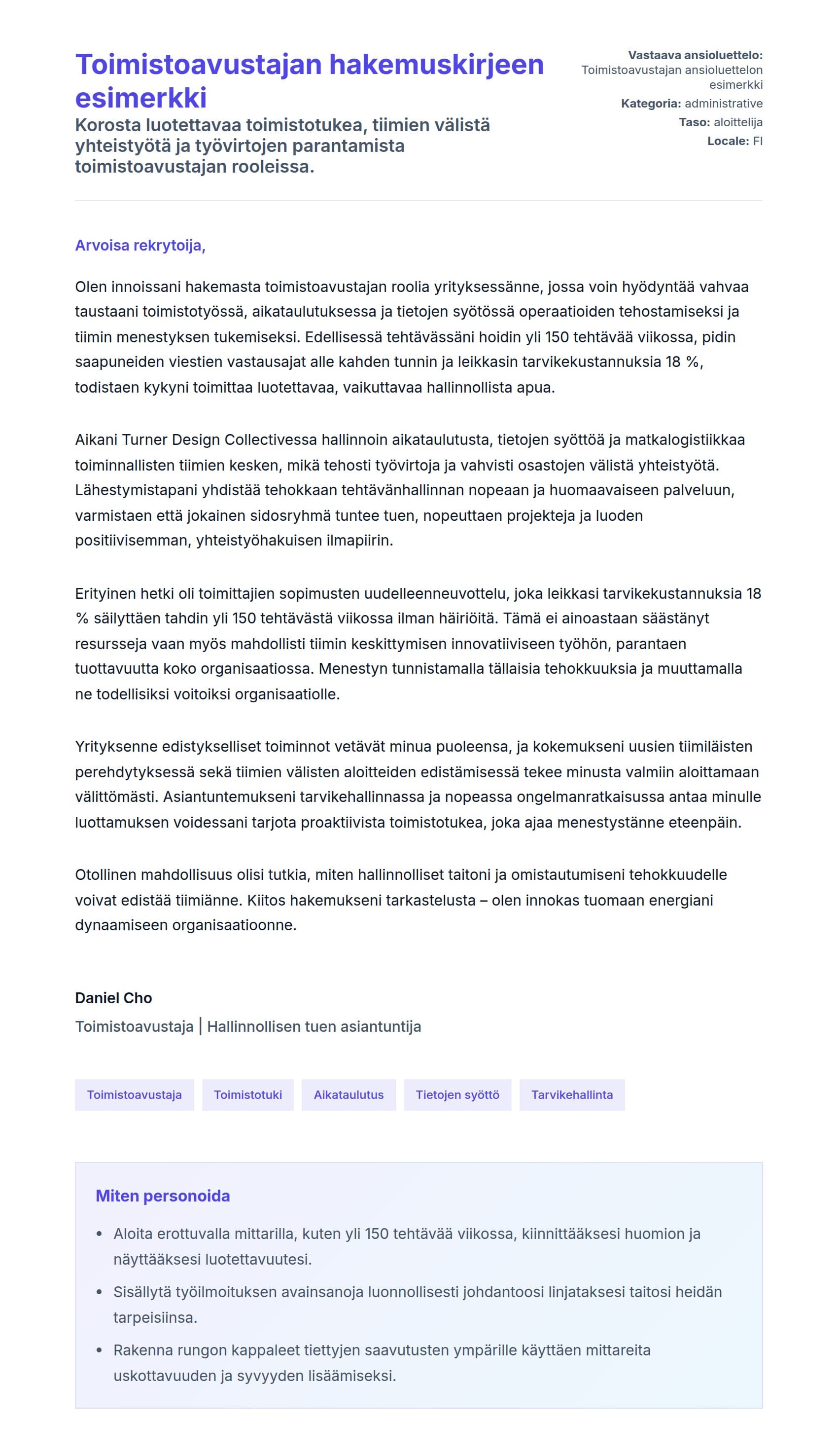 Työhakemuskirjeen esikatselu kohteelle Toimistoavustajan hakemuskirjeen esimerkki