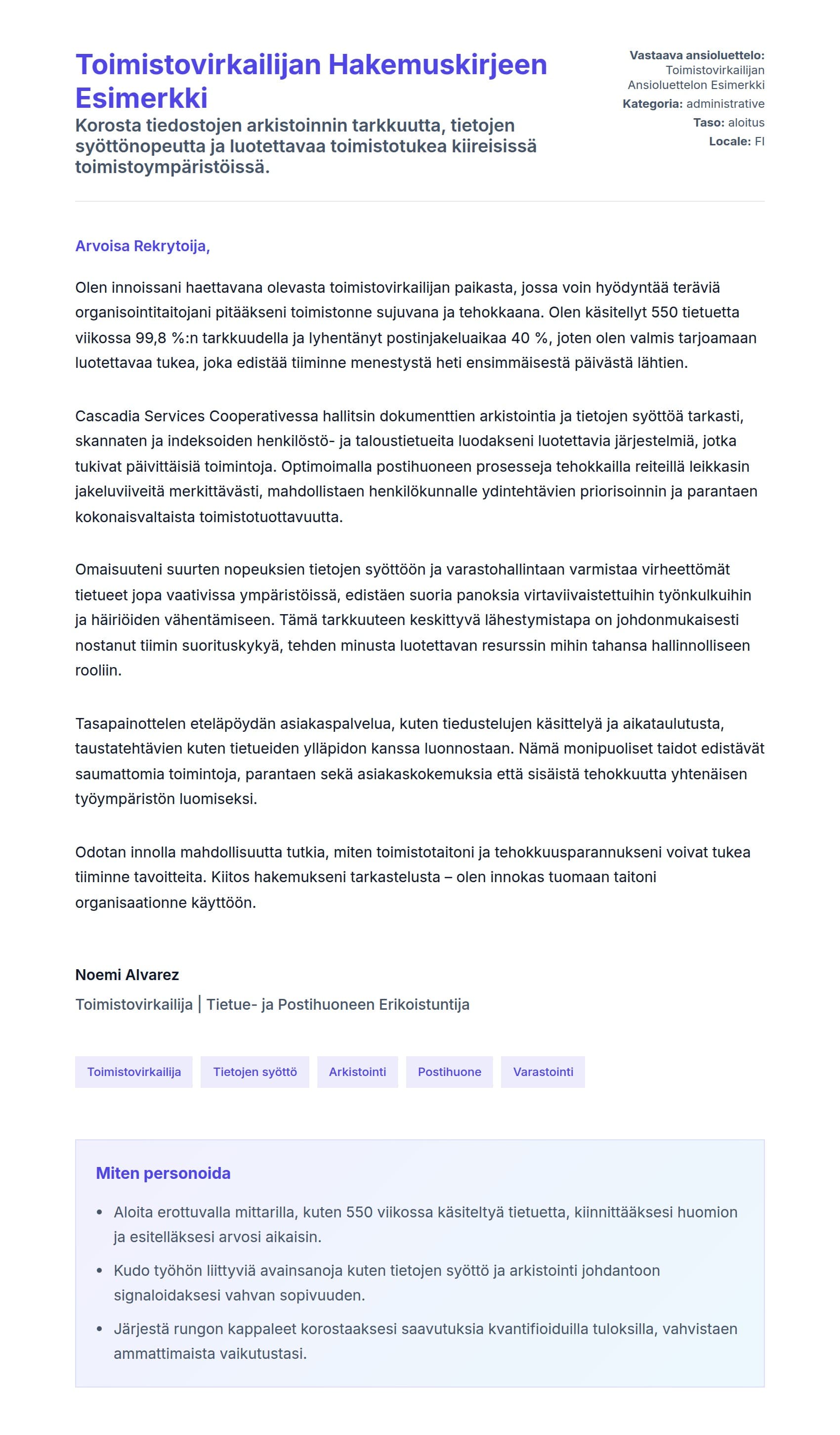 Työhakemuskirjeen esikatselu kohteelle Toimistovirkailijan Hakemuskirjeen Esimerkki