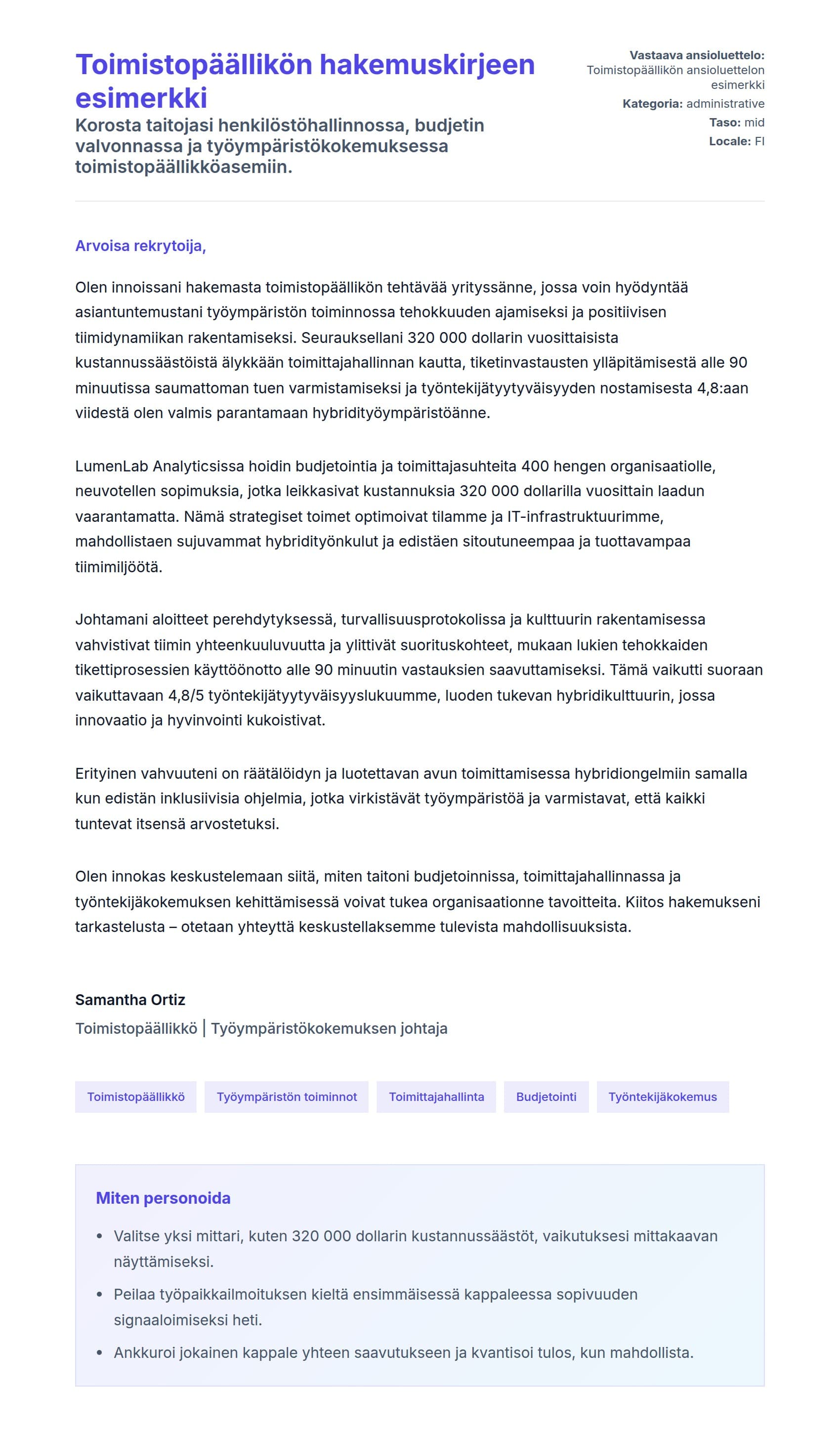 Työhakemuskirjeen esikatselu kohteelle Toimistopäällikön hakemuskirjeen esimerkki