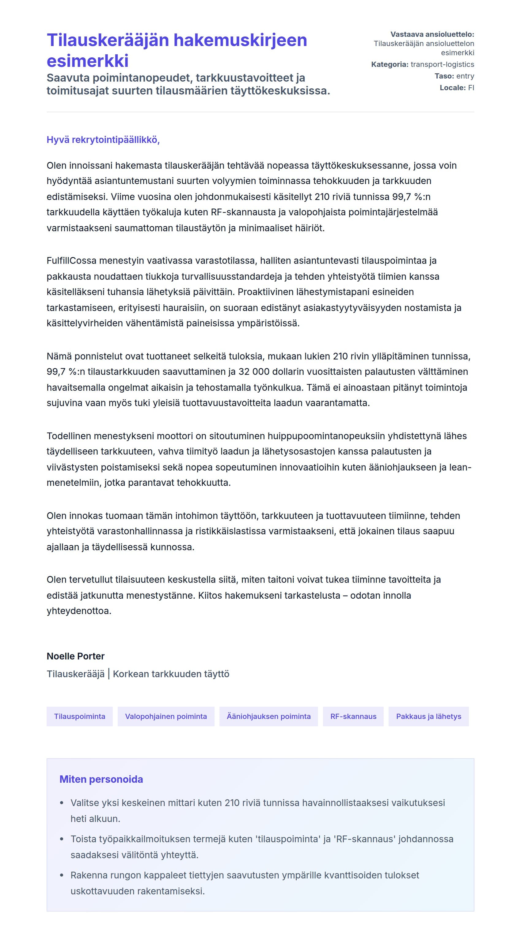 Työhakemuskirjeen esikatselu kohteelle Tilauskerääjän hakemuskirjeen esimerkki