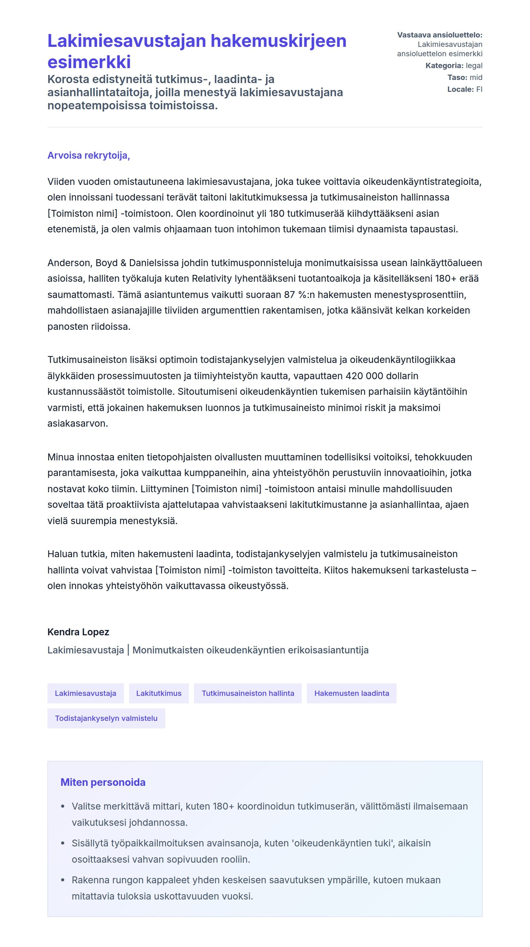 Työhakemuskirjeen esikatselu kohteelle Lakimiesavustajan hakemuskirjeen esimerkki