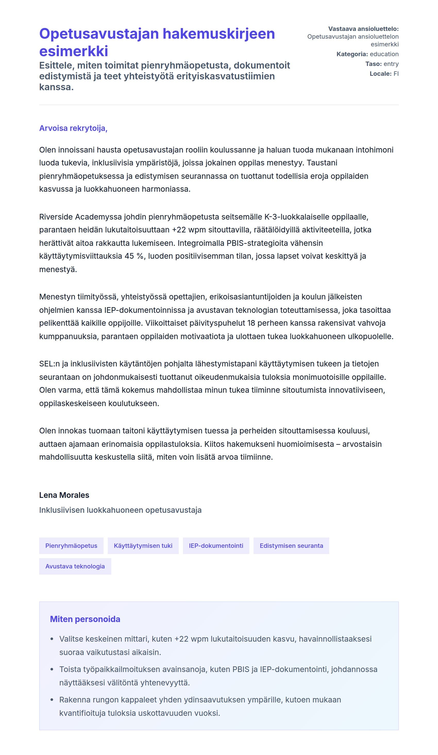 Työhakemuskirjeen esikatselu kohteelle Opetusavustajan hakemuskirjeen esimerkki