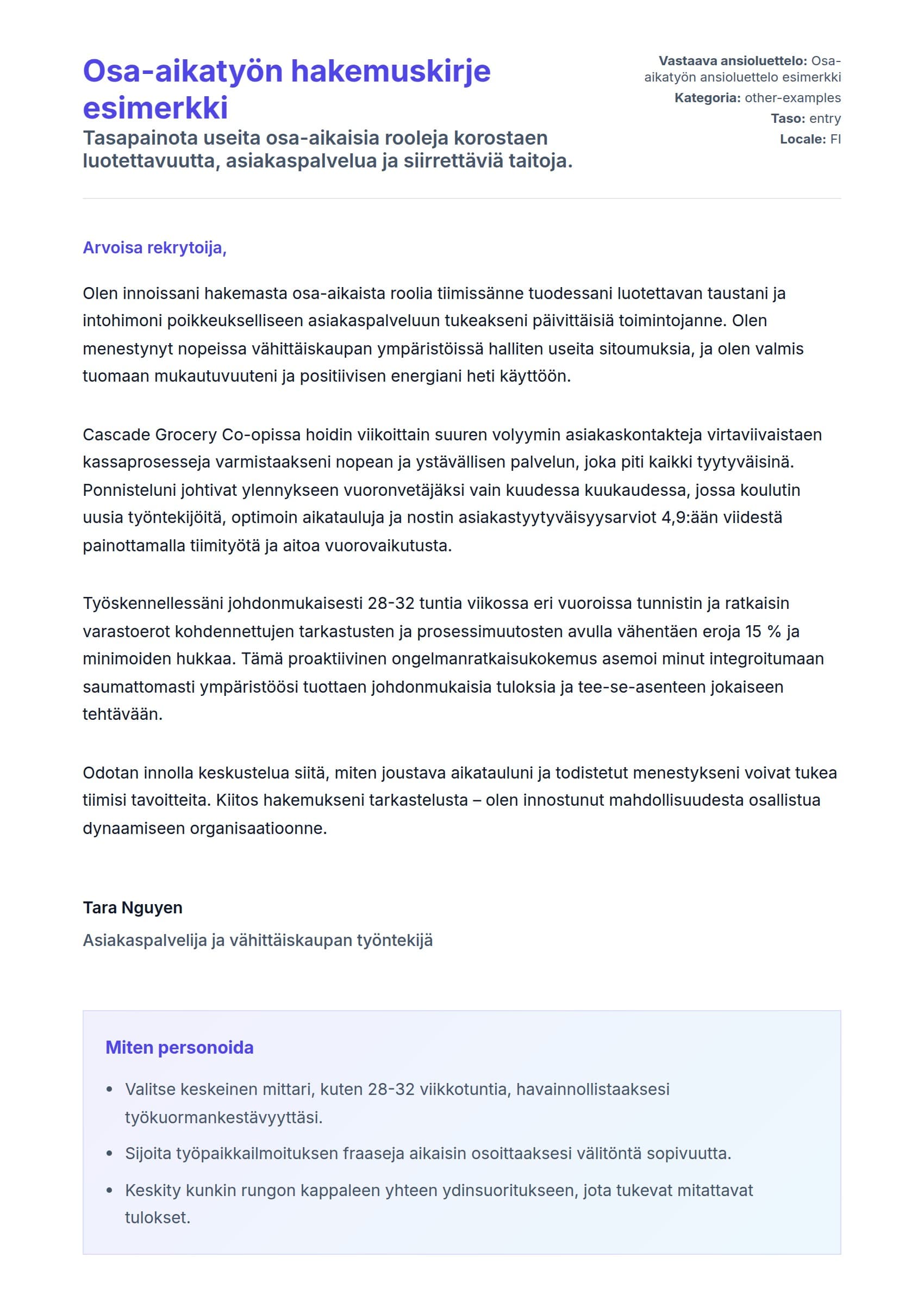 Työhakemuskirjeen esikatselu kohteelle Osa-aikatyön hakemuskirje esimerkki