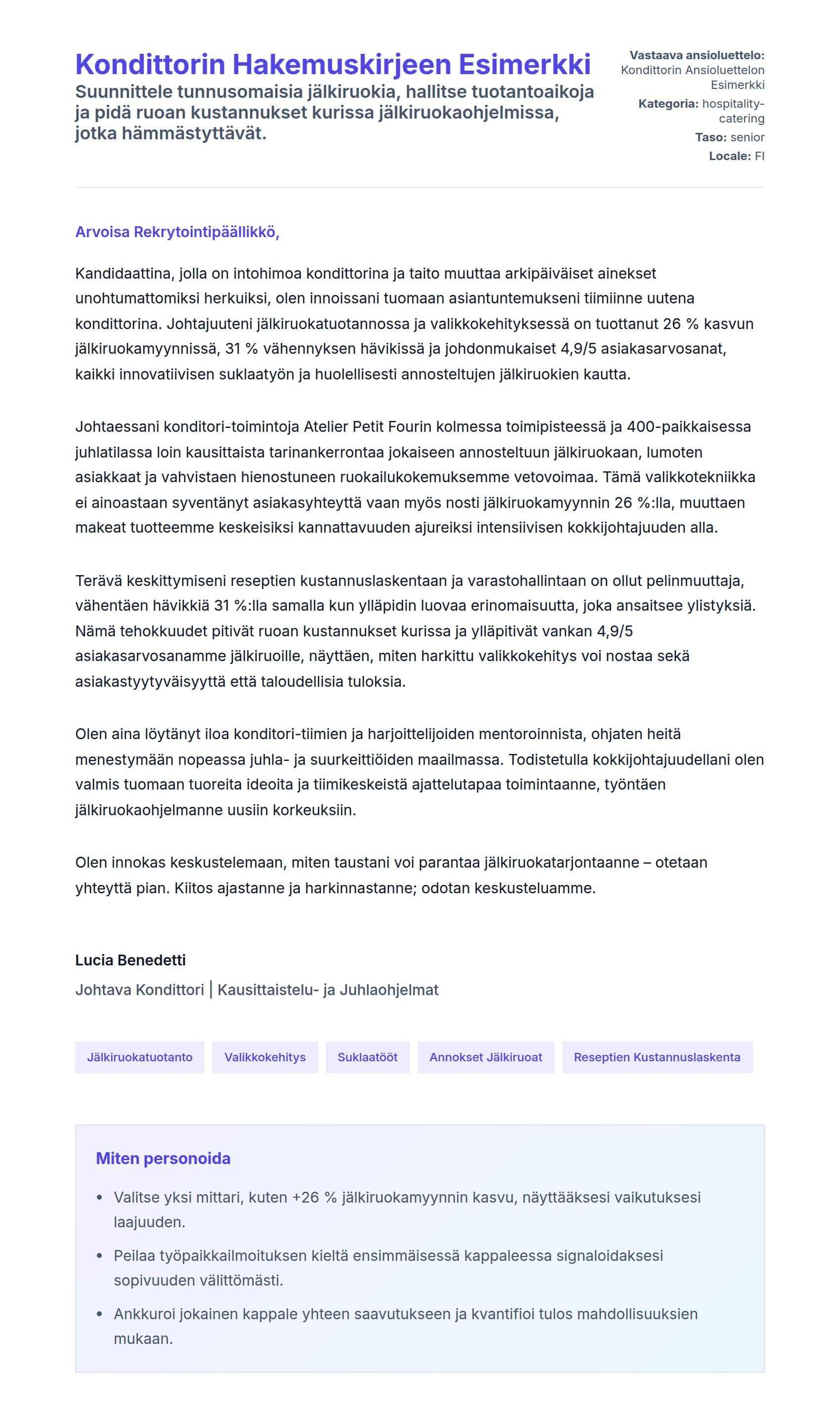 Työhakemuskirjeen esikatselu kohteelle Kondittorin Hakemuskirjeen Esimerkki