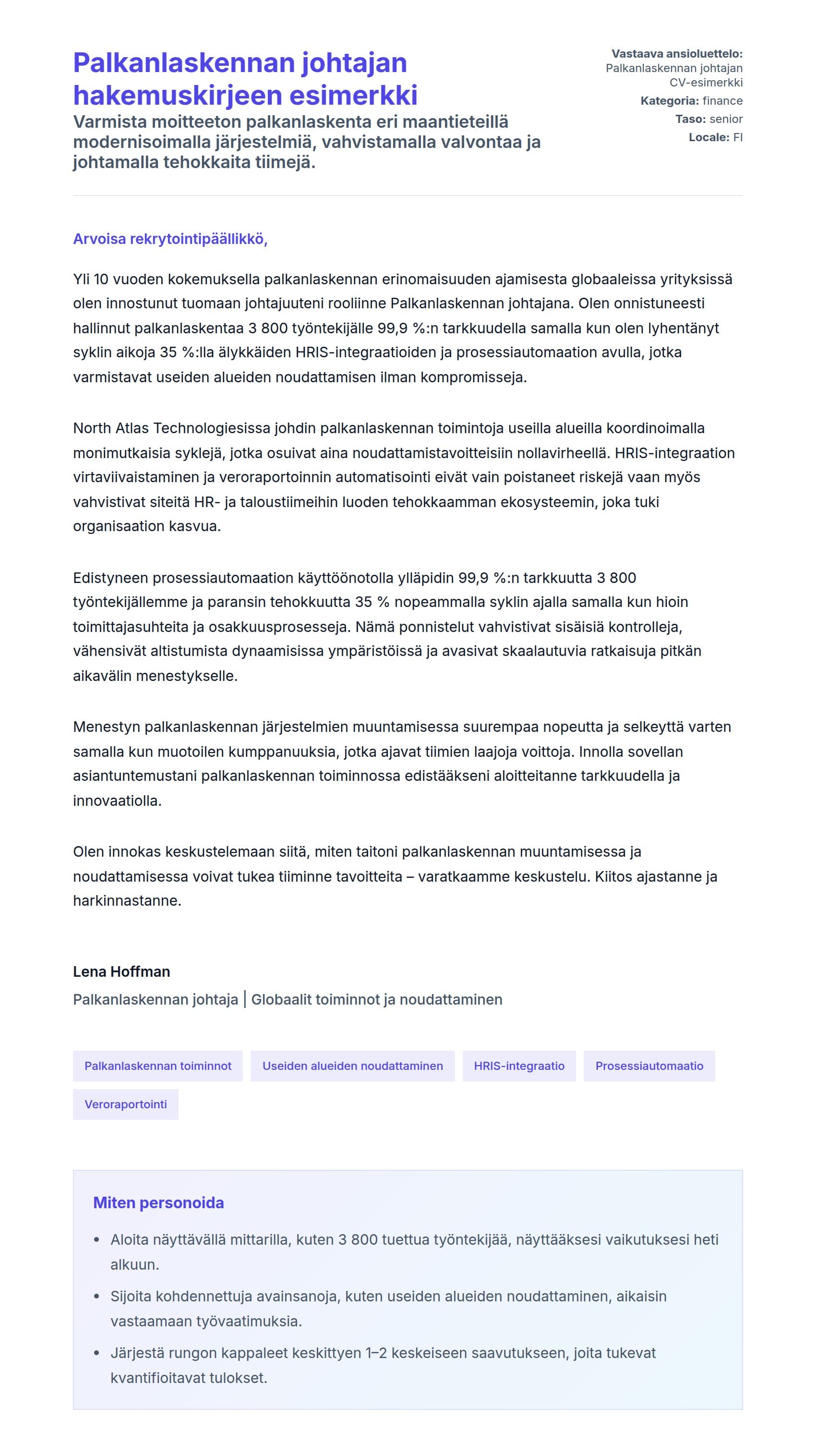 Työhakemuskirjeen esikatselu kohteelle Palkanlaskennan johtajan hakemuskirjeen esimerkki