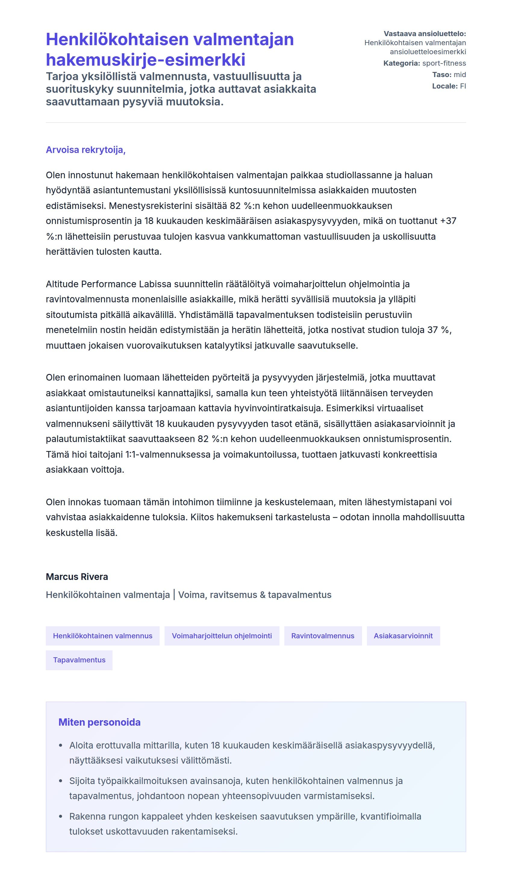 Työhakemuskirjeen esikatselu kohteelle Henkilökohtaisen valmentajan hakemuskirje-esimerkki