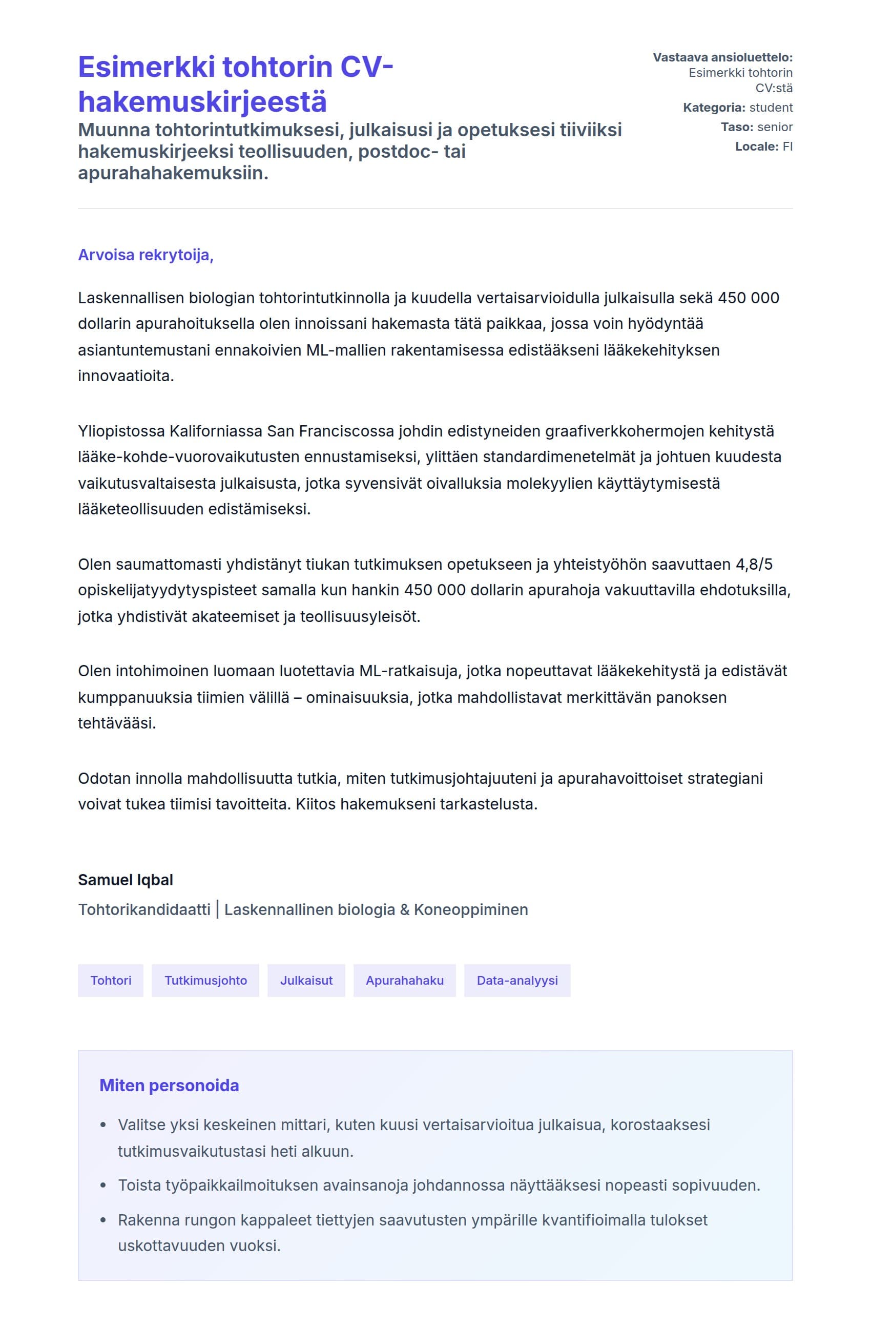 Työhakemuskirjeen esikatselu kohteelle Esimerkki tohtorin CV-hakemuskirjeestä