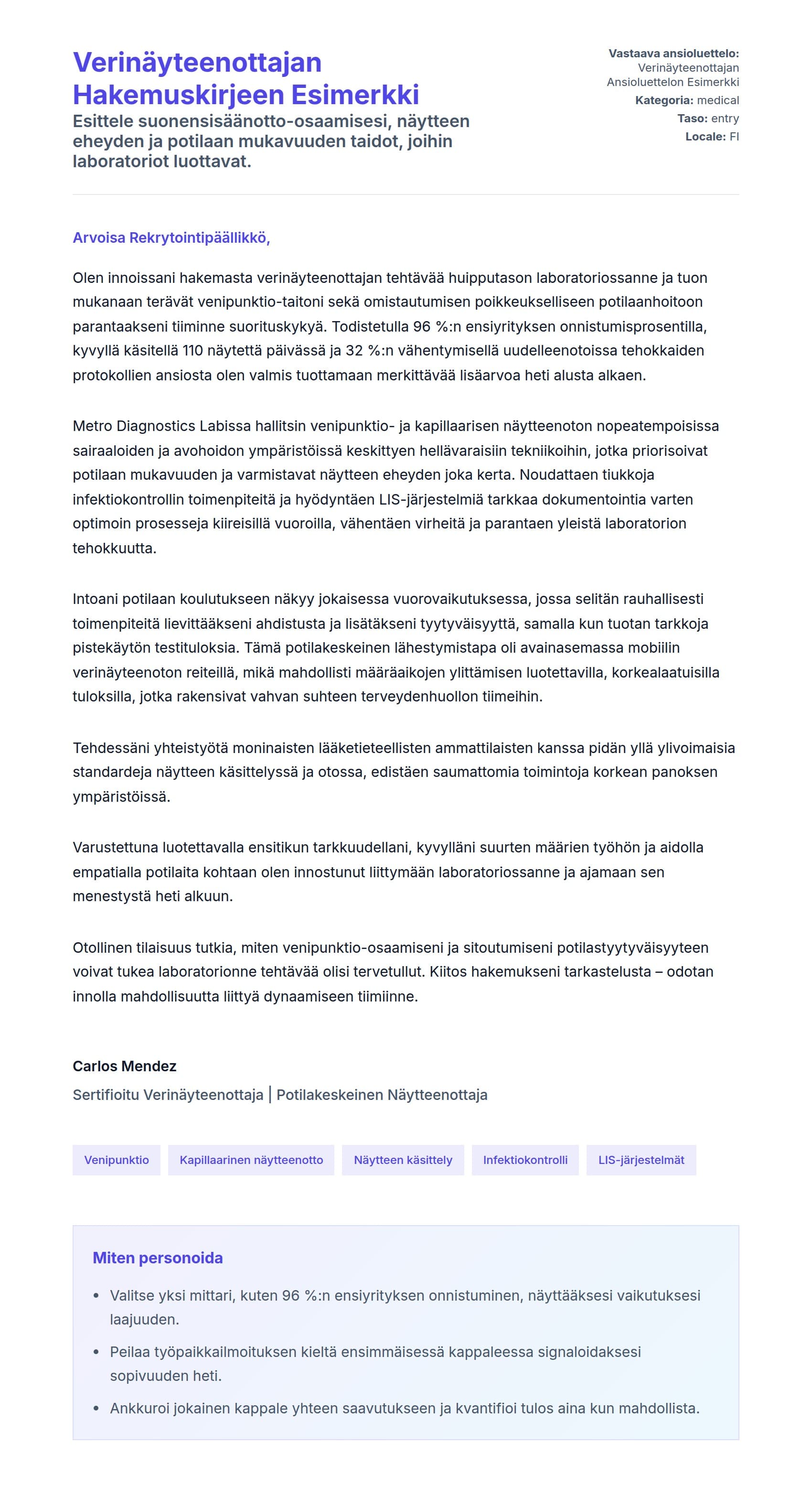 Työhakemuskirjeen esikatselu kohteelle Verinäyteenottajan Hakemuskirjeen Esimerkki