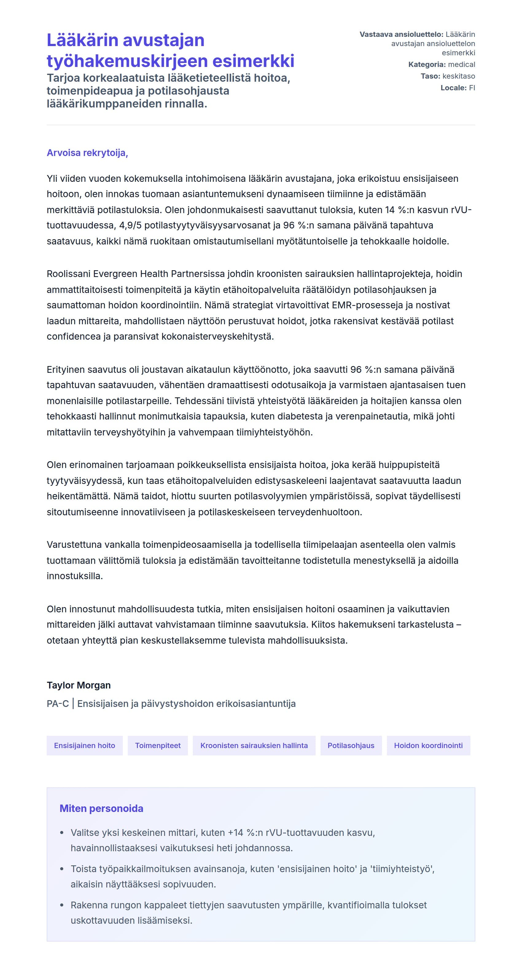 Työhakemuskirjeen esikatselu kohteelle Lääkärin avustajan työhakemuskirjeen esimerkki