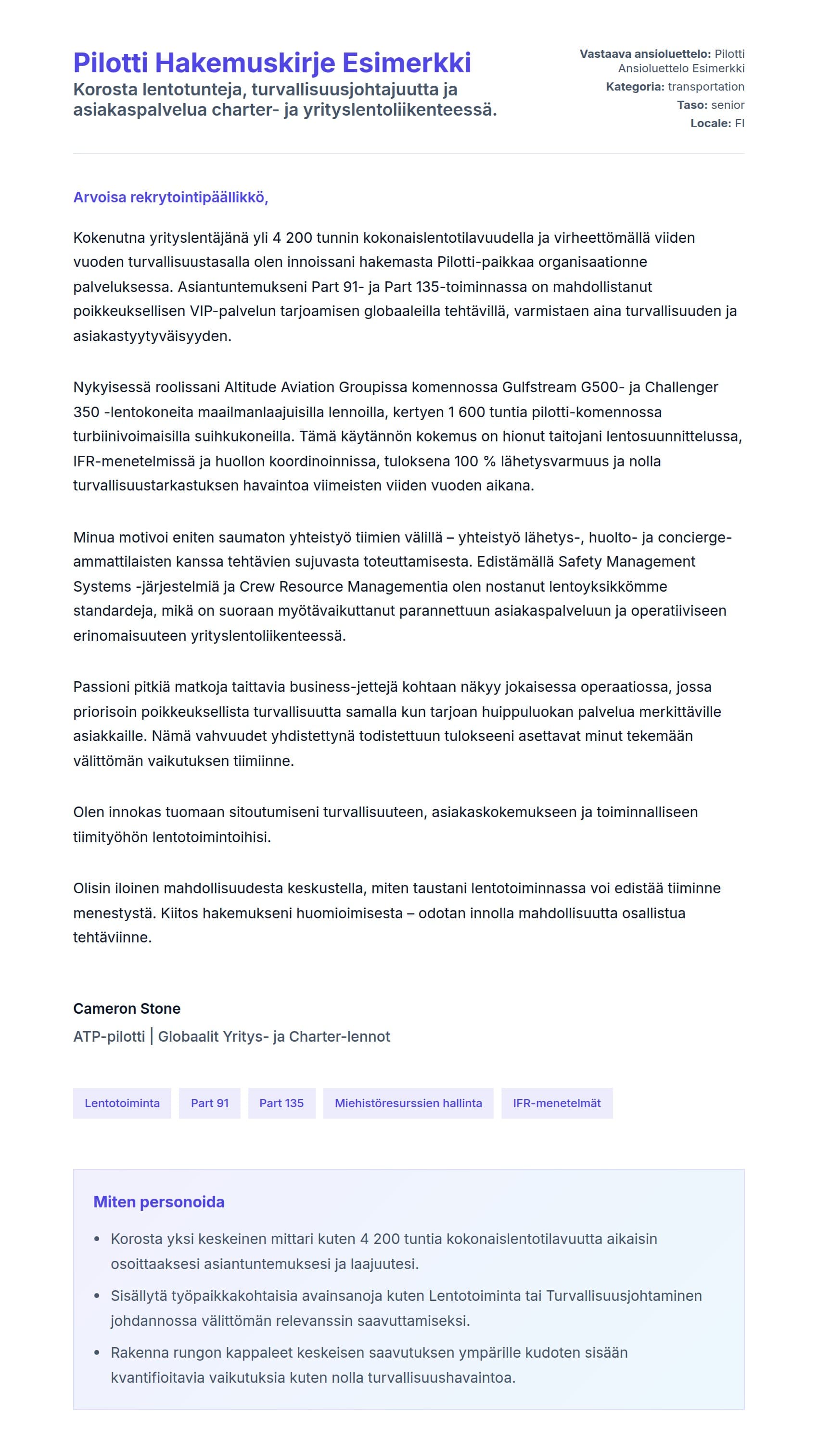 Työhakemuskirjeen esikatselu kohteelle Pilotti Hakemuskirje Esimerkki