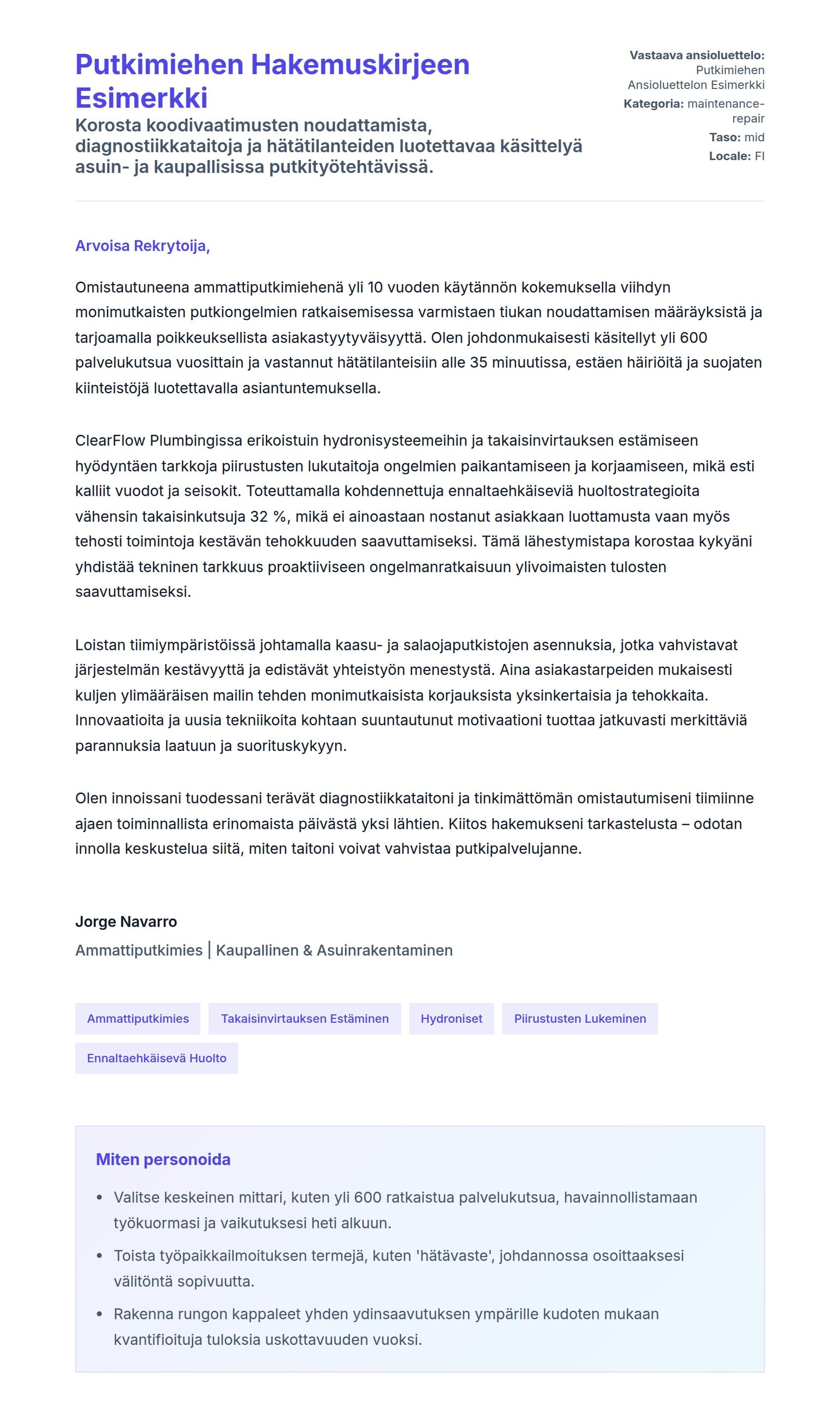 Työhakemuskirjeen esikatselu kohteelle Putkimiehen Hakemuskirjeen Esimerkki