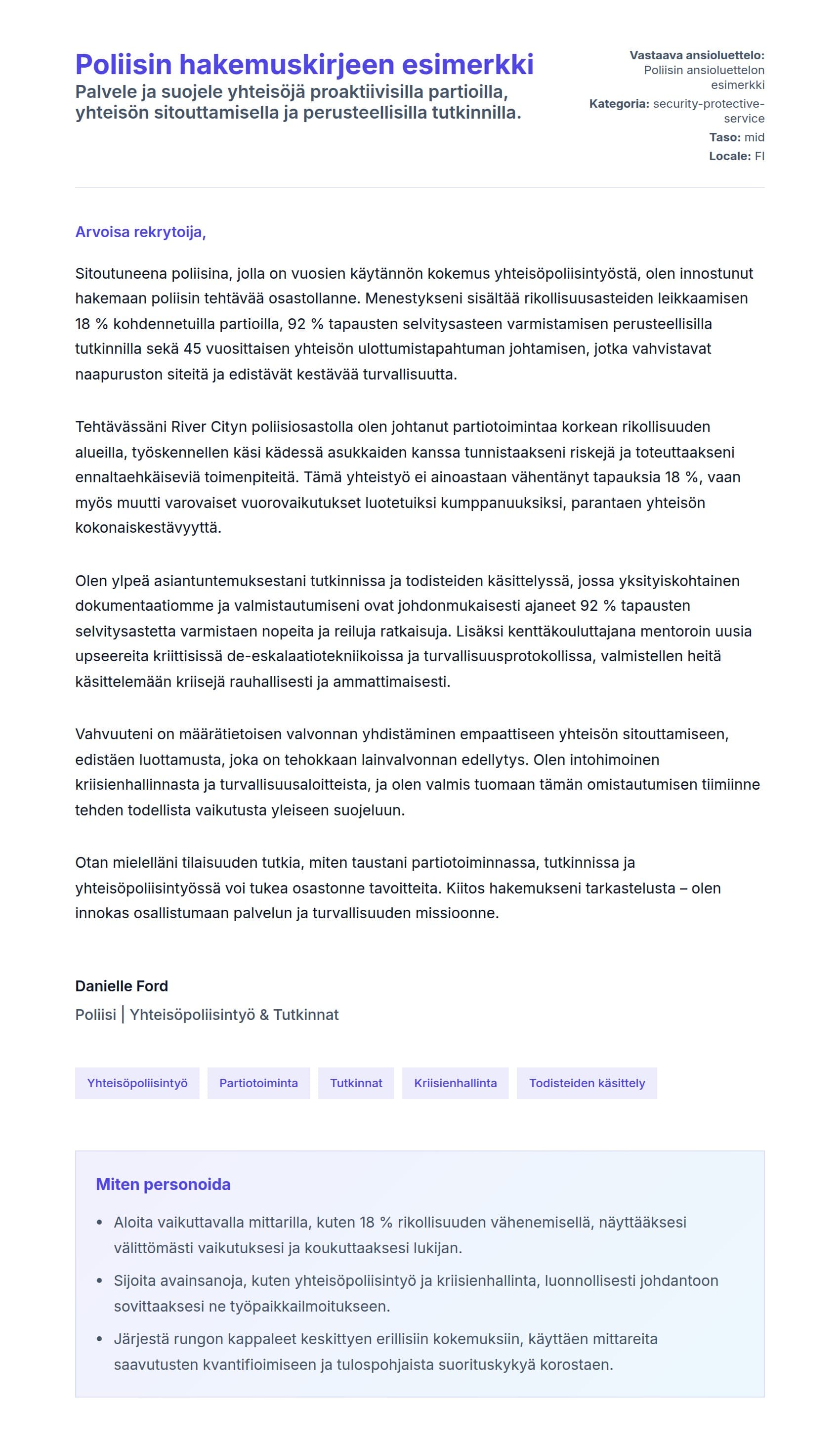 Työhakemuskirjeen esikatselu kohteelle Poliisin hakemuskirjeen esimerkki