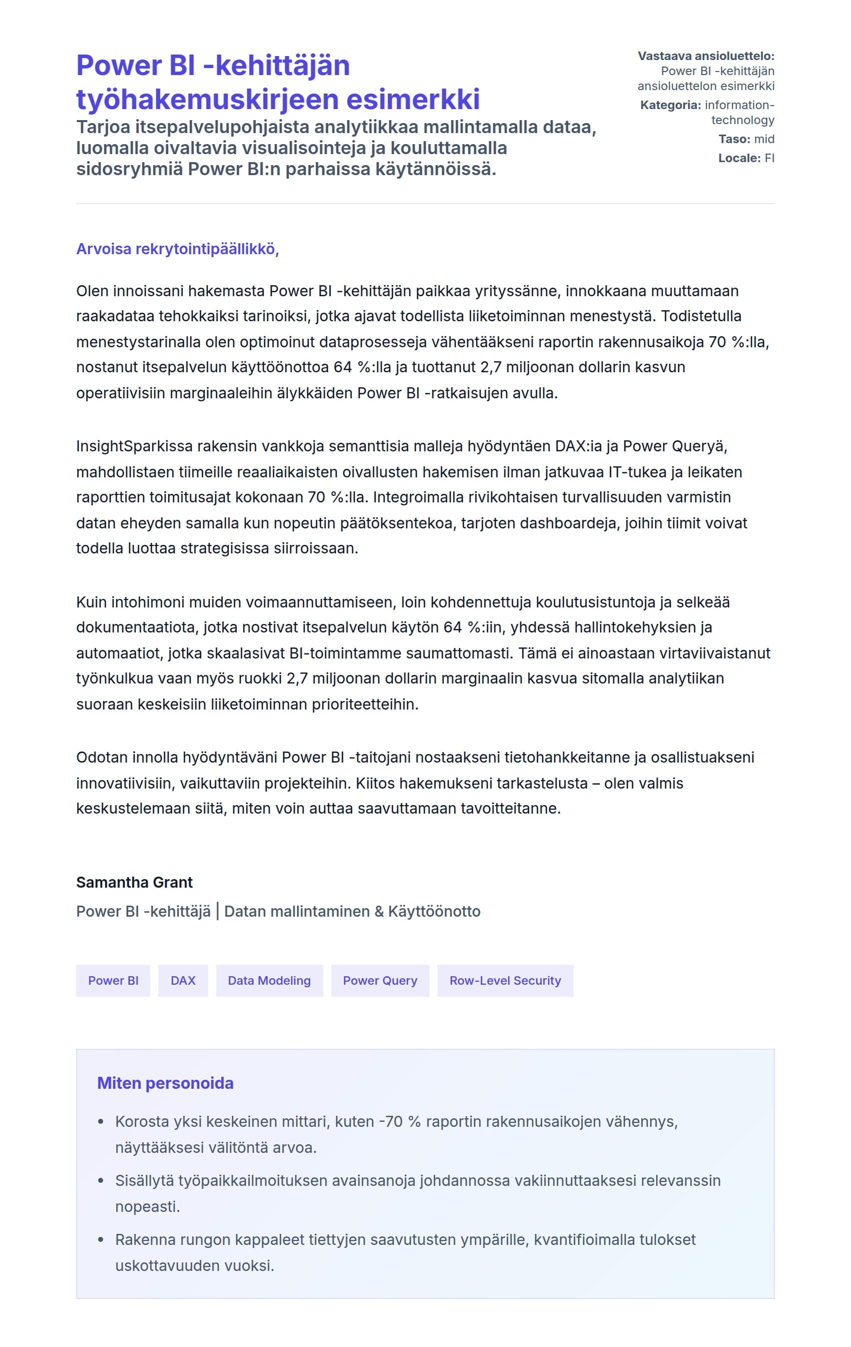 Työhakemuskirjeen esikatselu kohteelle Power BI -kehittäjän työhakemuskirjeen esimerkki
