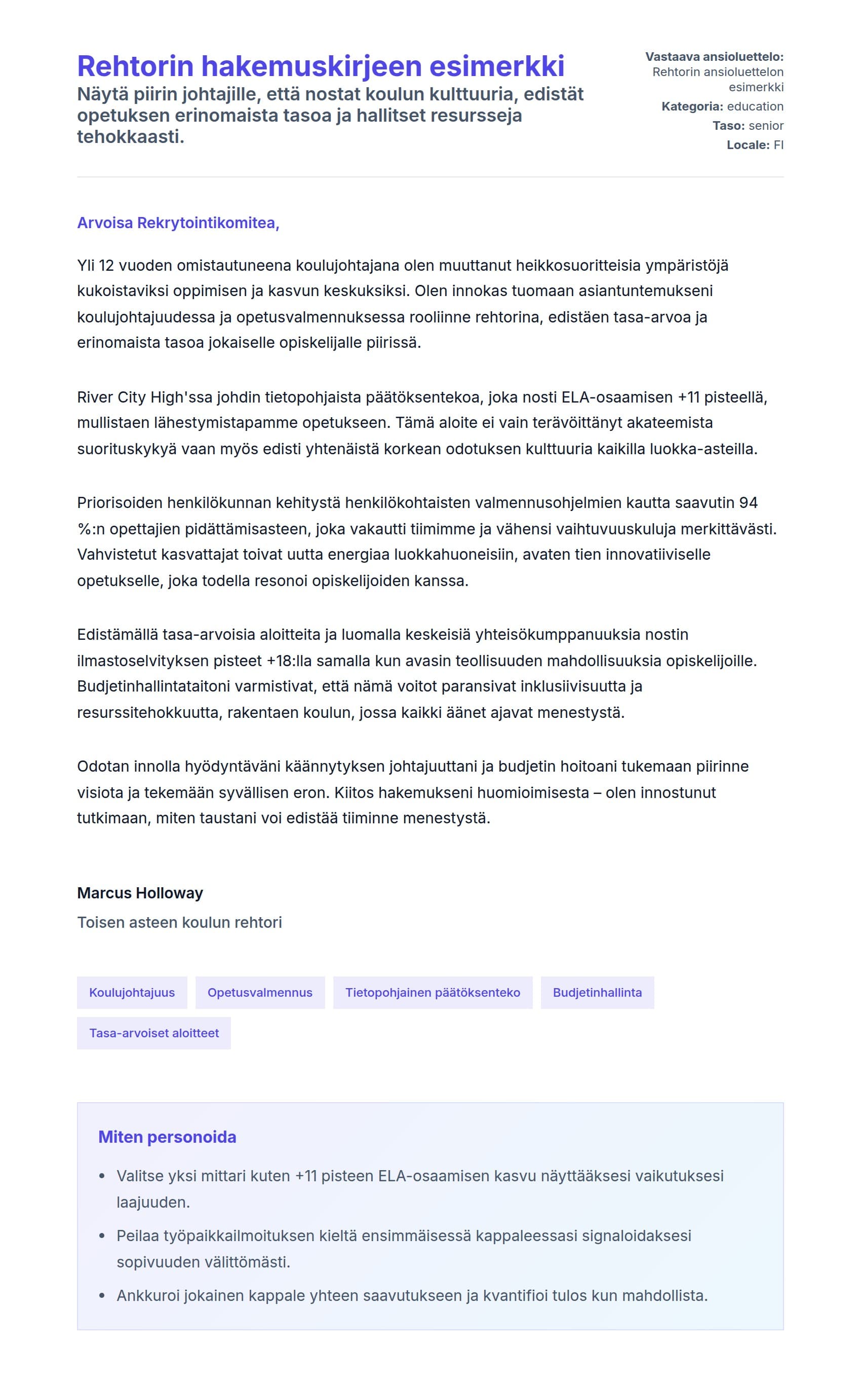 Työhakemuskirjeen esikatselu kohteelle Rehtorin hakemuskirjeen esimerkki