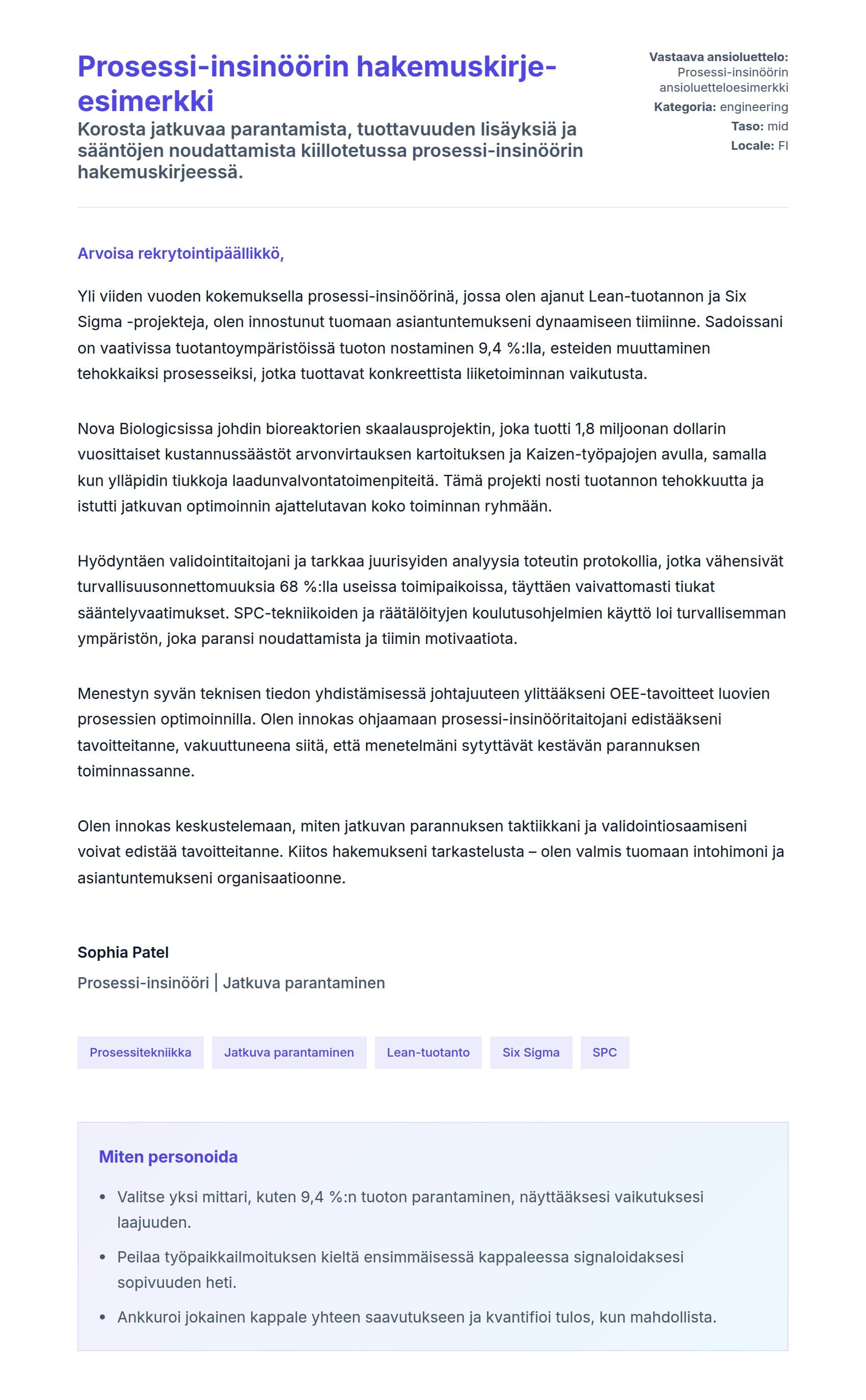 Työhakemuskirjeen esikatselu kohteelle Prosessi-insinöörin hakemuskirje-esimerkki
