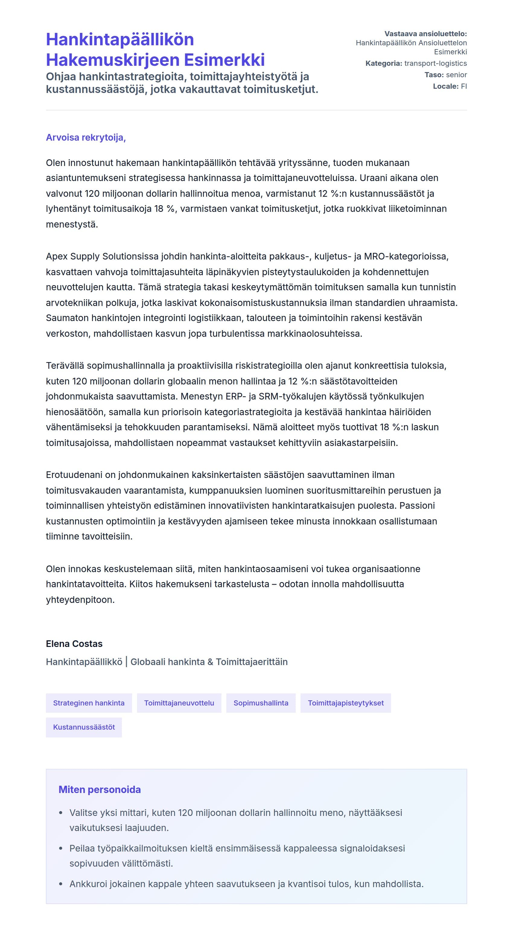 Työhakemuskirjeen esikatselu kohteelle Hankintapäällikön Hakemuskirjeen Esimerkki