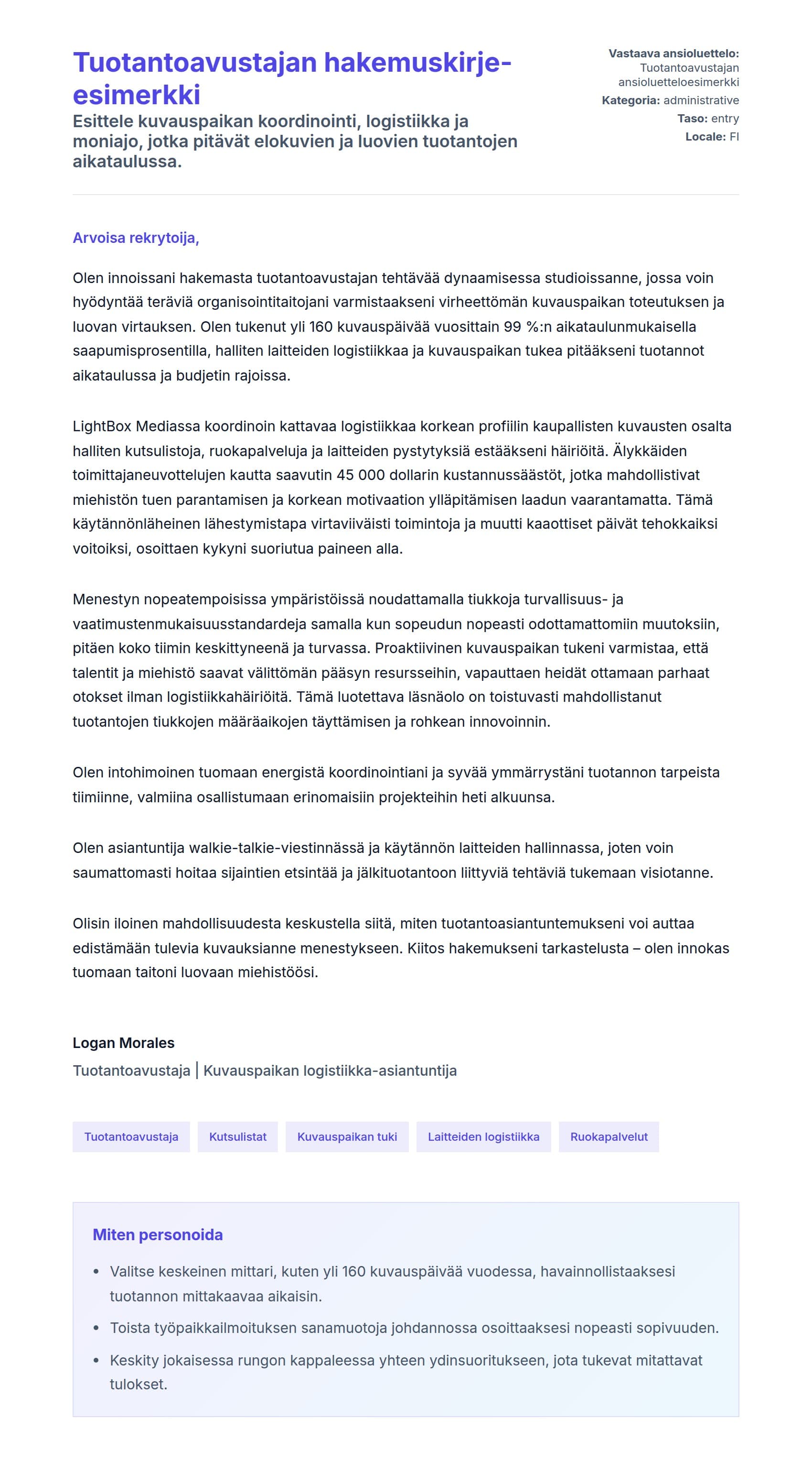Tuotantoavustajan hakemuskirje-esimerkki