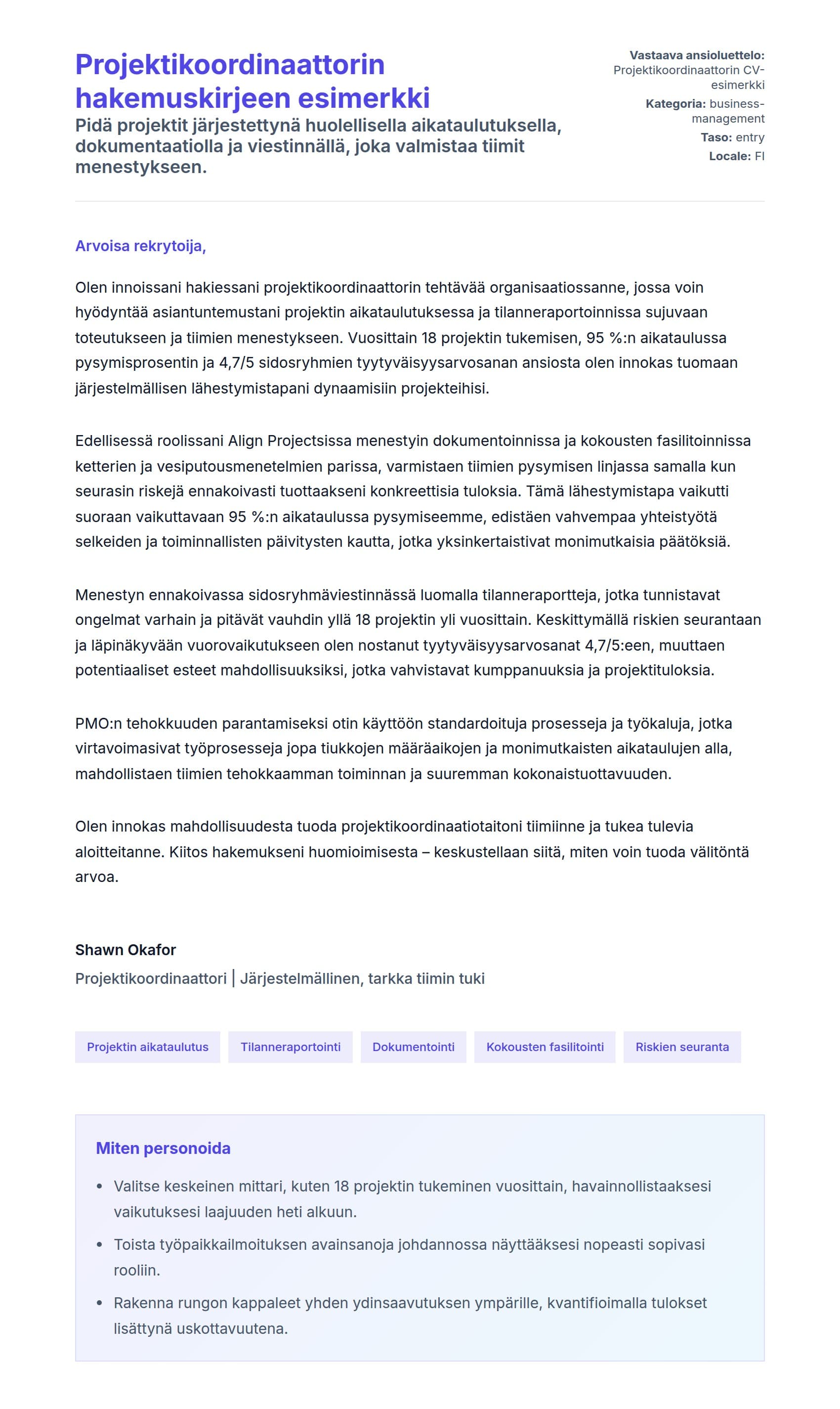 Työhakemuskirjeen esikatselu kohteelle Projektikoordinaattorin hakemuskirjeen esimerkki