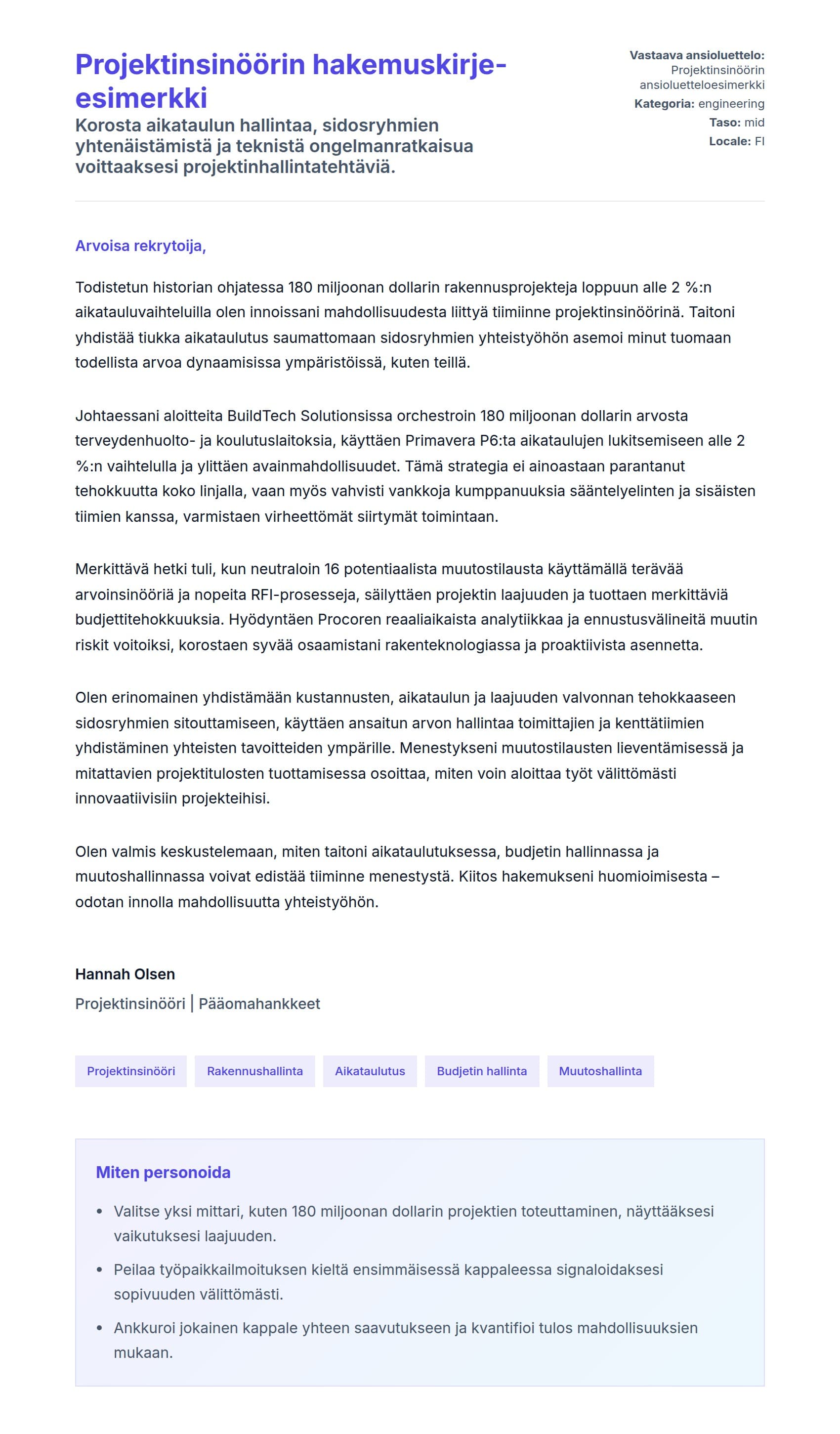 Työhakemuskirjeen esikatselu kohteelle Projektinsinöörin hakemuskirje-esimerkki